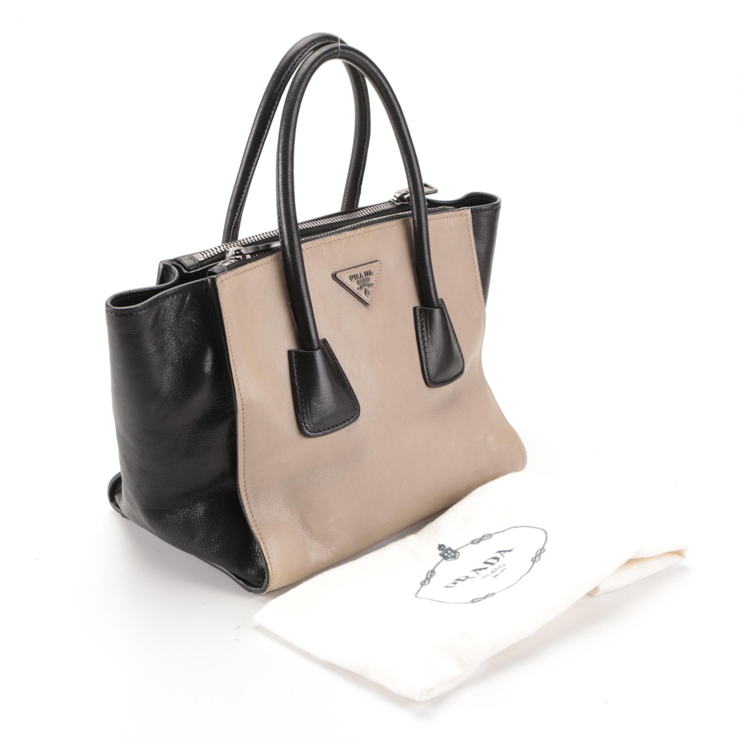 Prada Small Double-Zip Tote Bag in Bicolor Calfskin Leather
