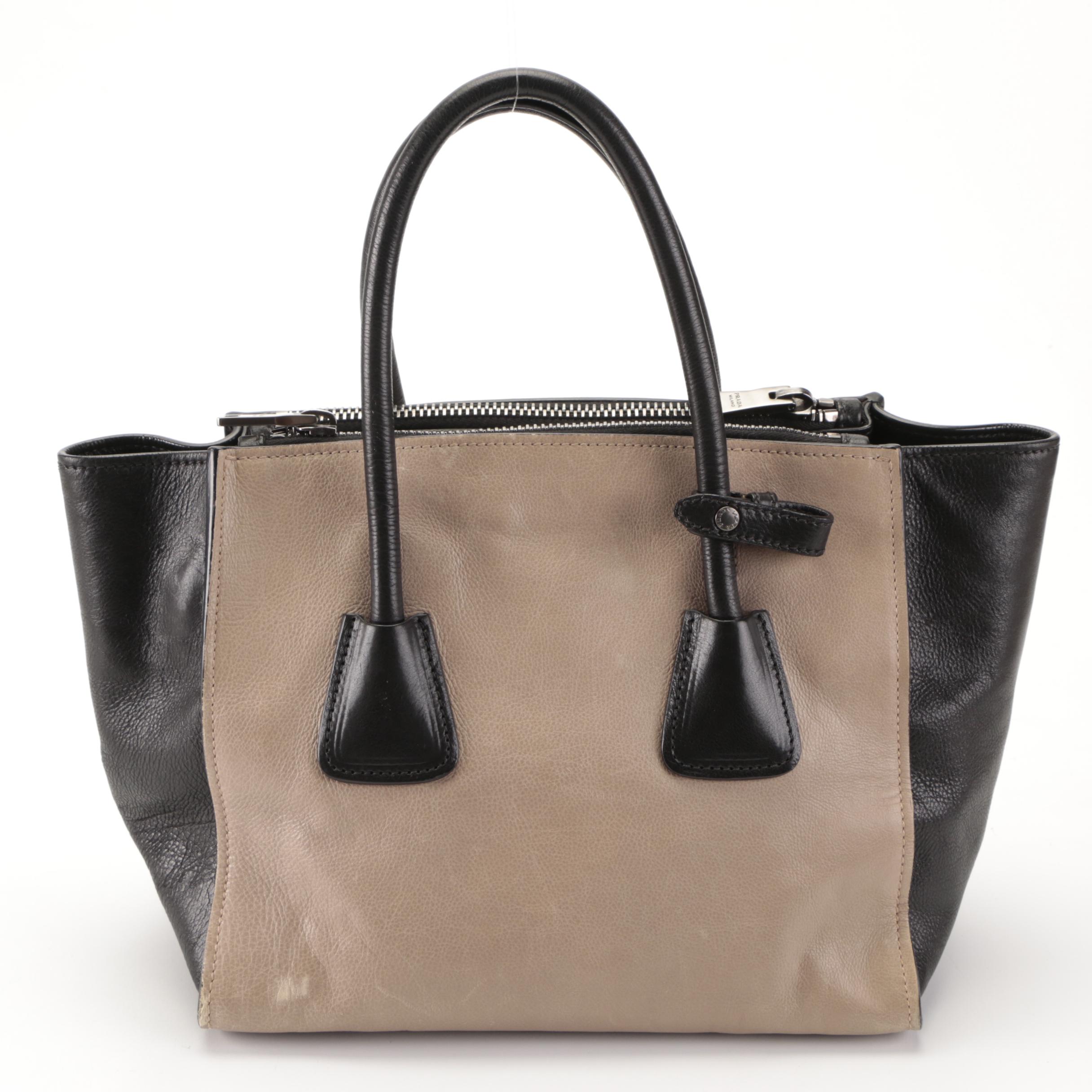 Prada Small Double-Zip Tote Bag in Bicolor Calfskin Leather