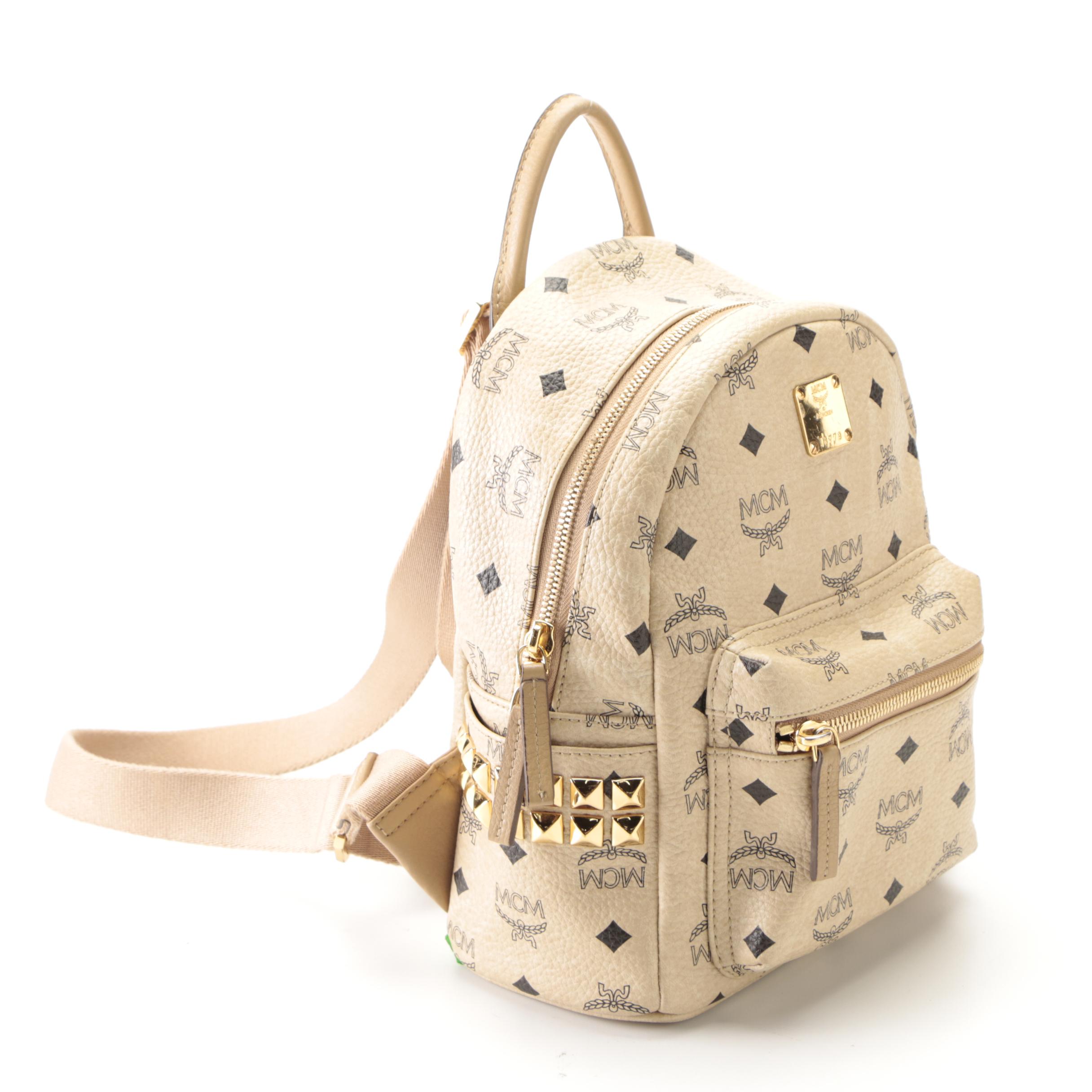 MCM Small Stark Backpack in Studded Beige Visetos Monogram Canvas and Leather