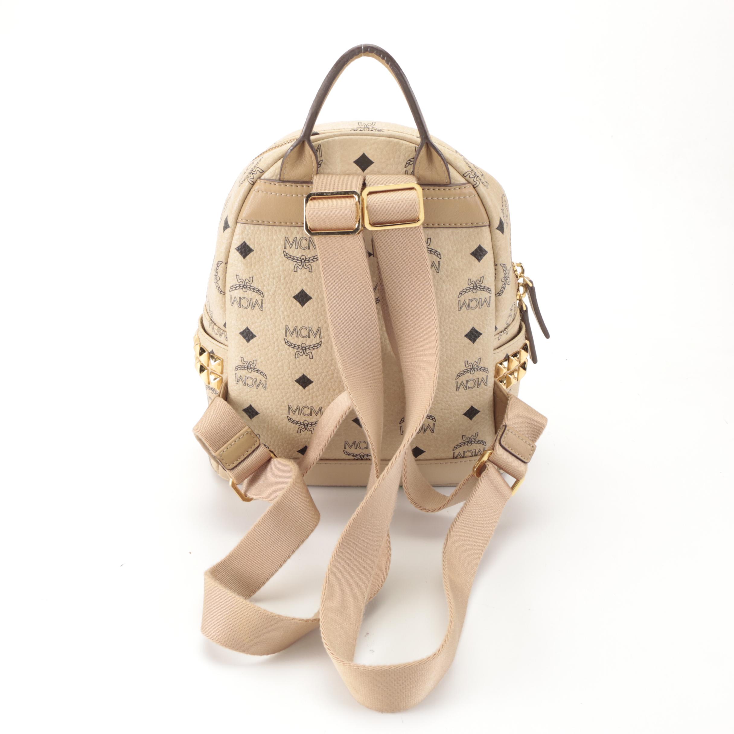 MCM Small Stark Backpack in Studded Beige Visetos Monogram Canvas and Leather