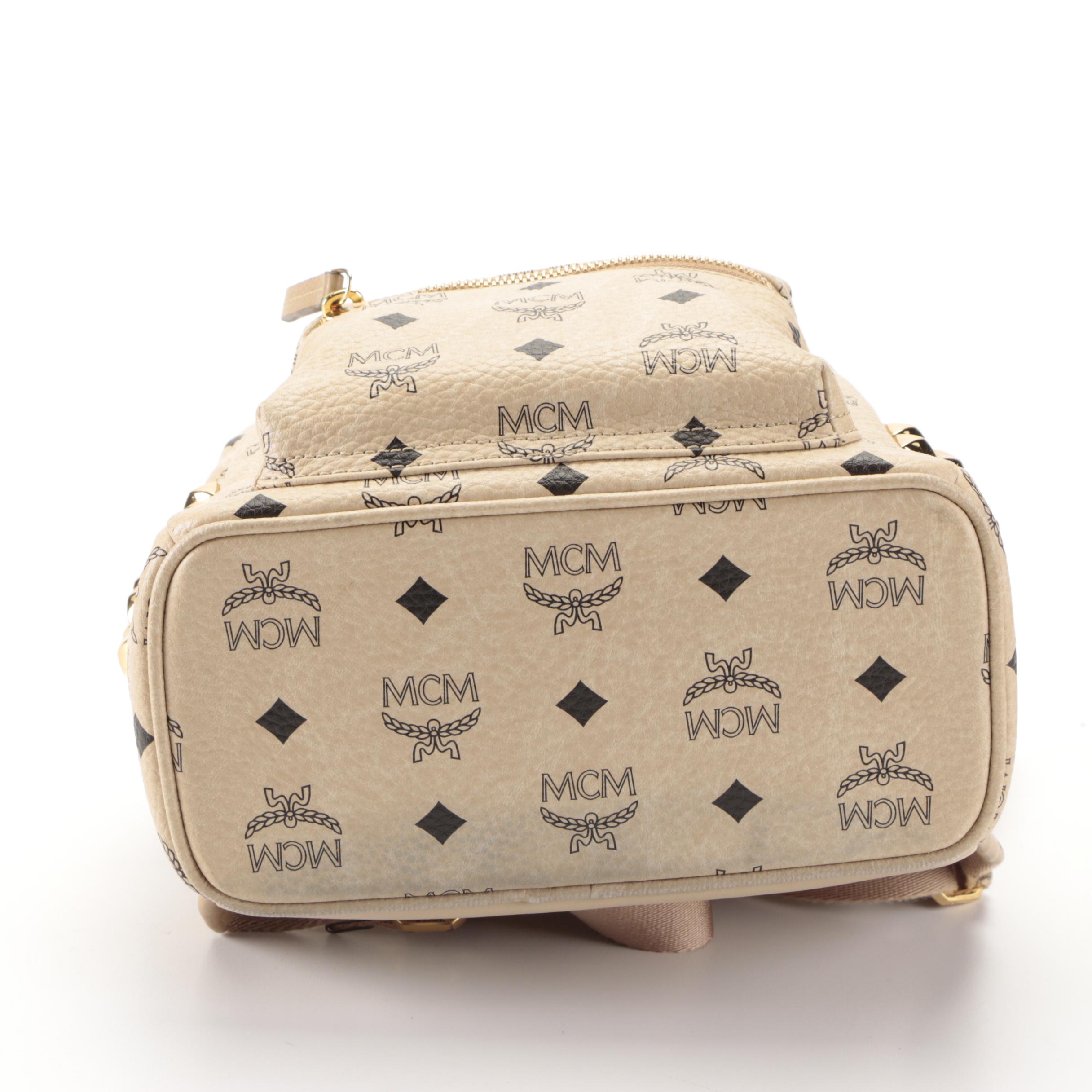 MCM Small Stark Backpack in Studded Beige Visetos Monogram Canvas and Leather