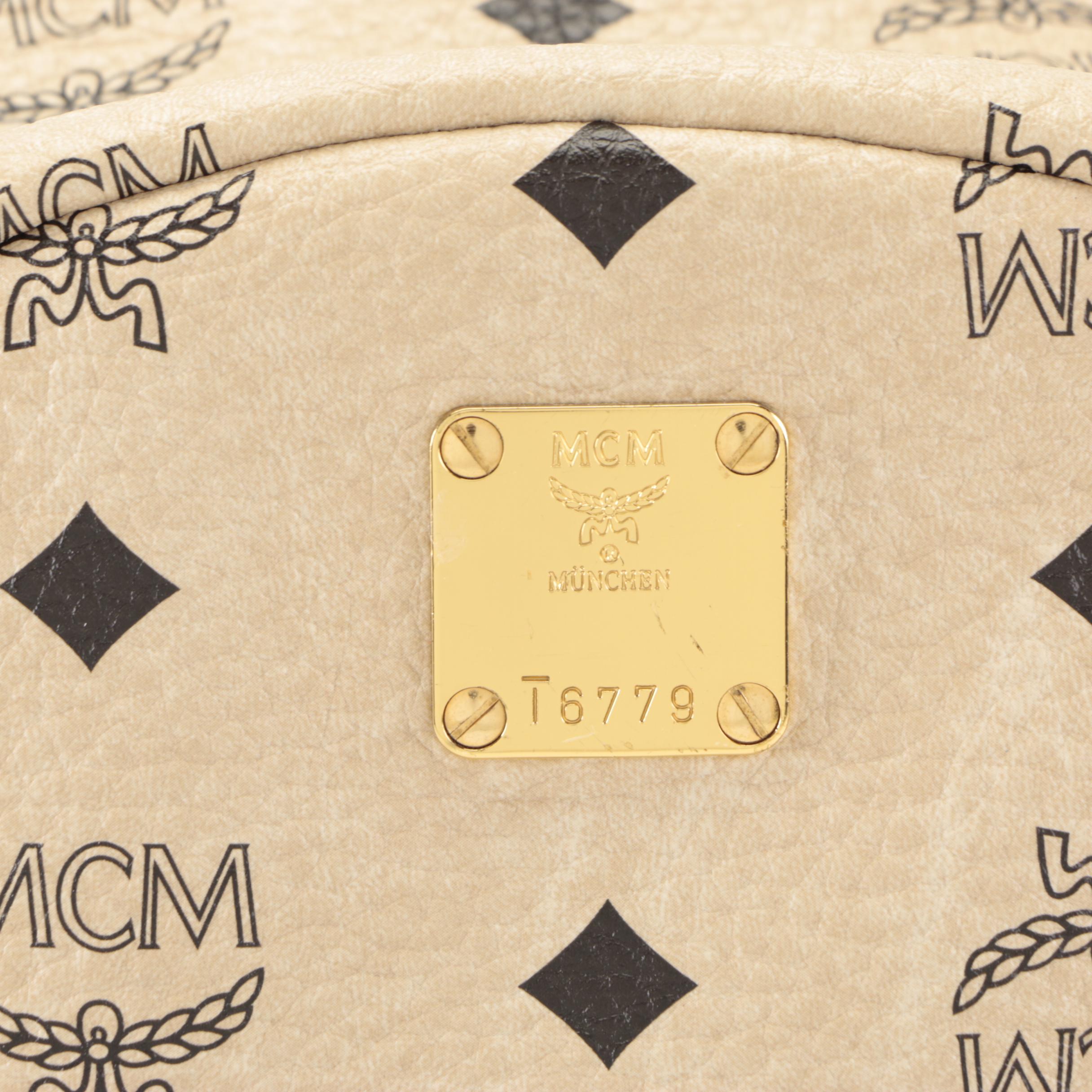 MCM Small Stark Backpack in Studded Beige Visetos Monogram Canvas and Leather