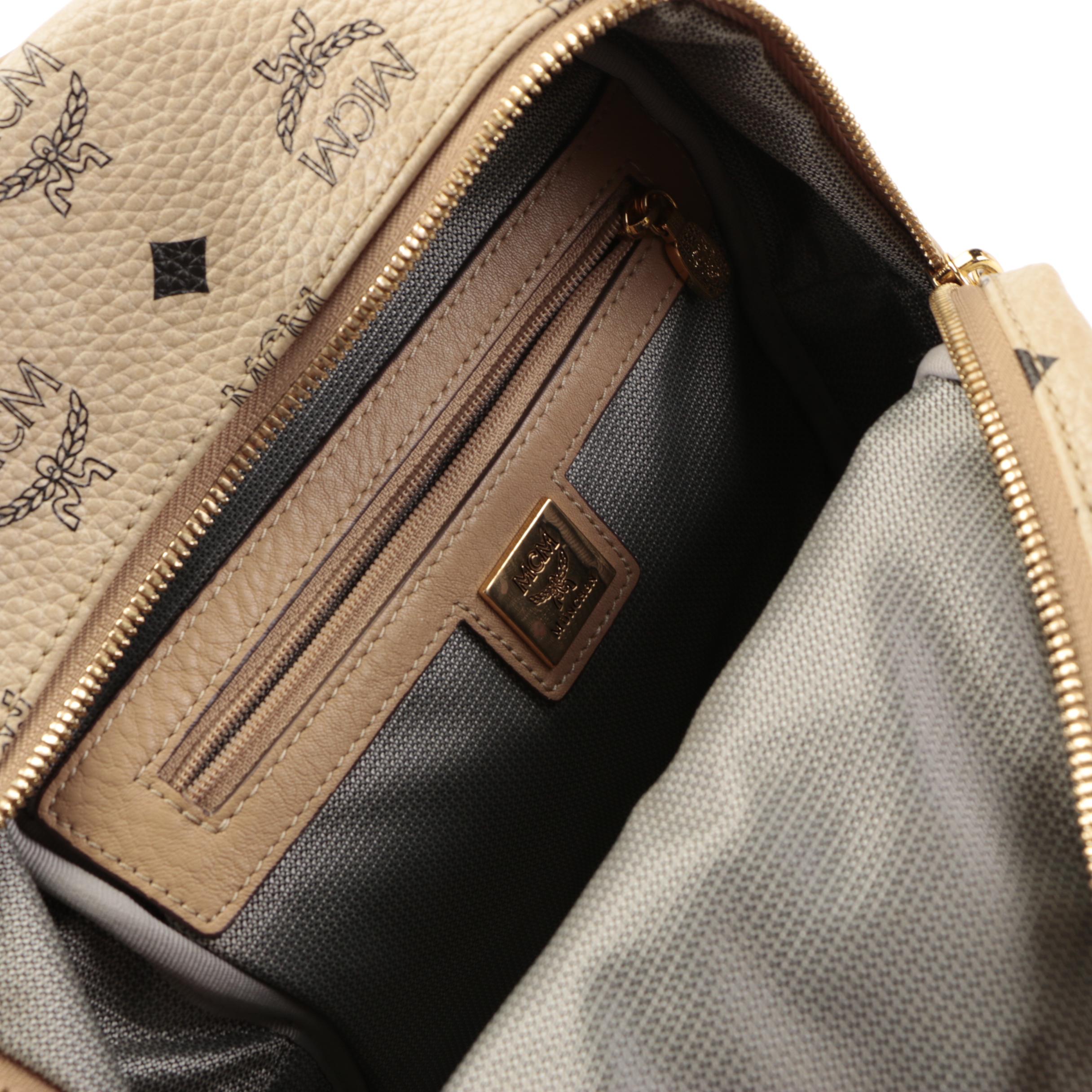 MCM Small Stark Backpack in Studded Beige Visetos Monogram Canvas and Leather