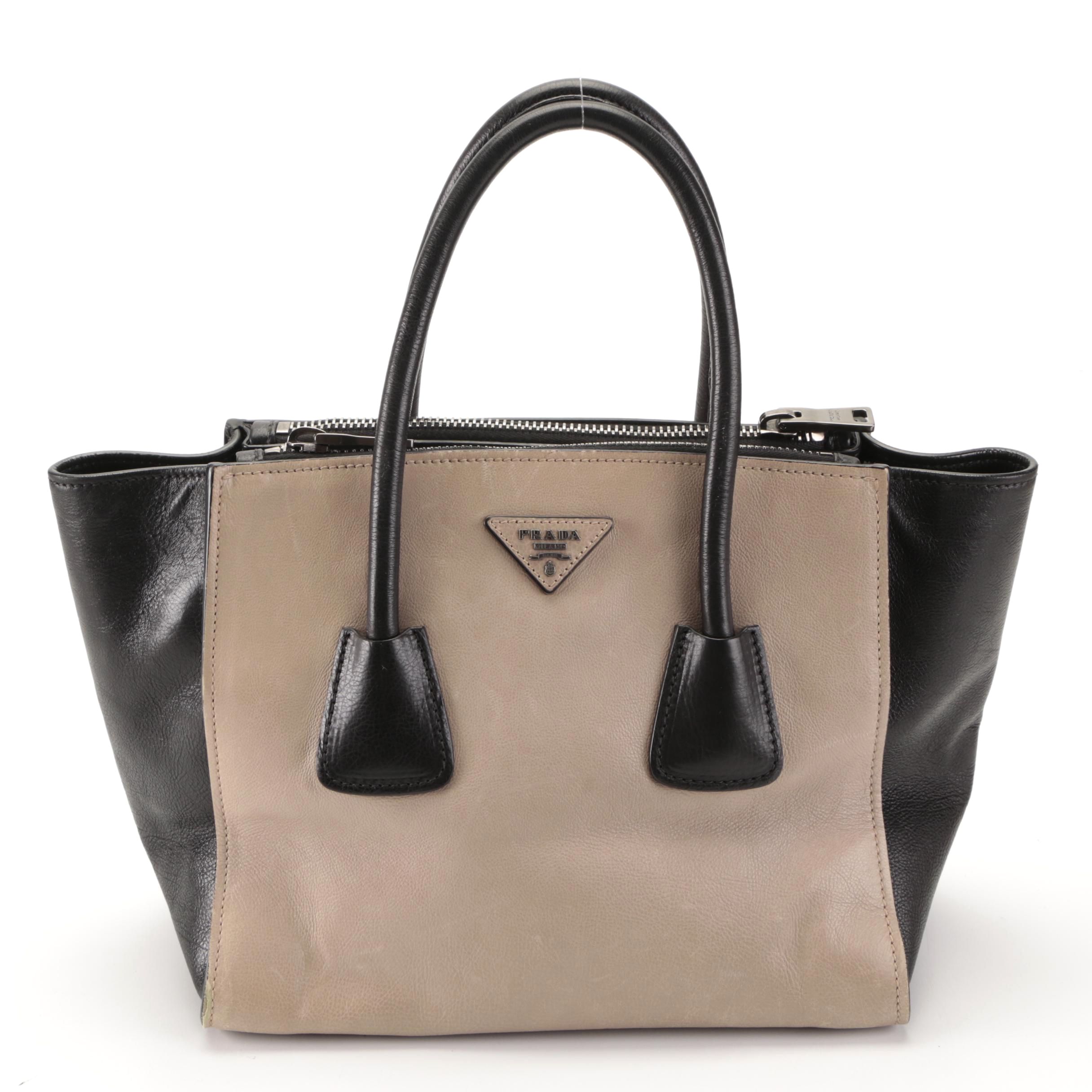 Prada Small Double-Zip Tote Bag in Bicolor Calfskin Leather