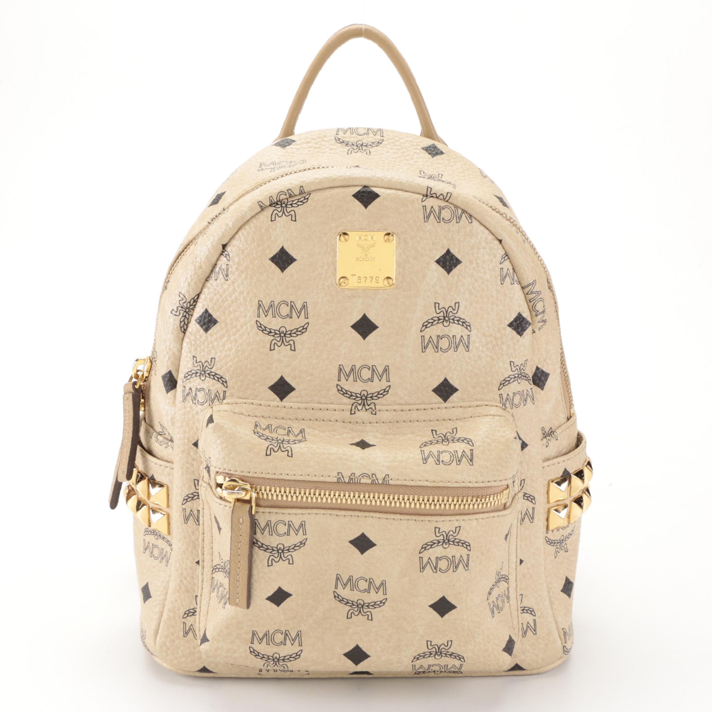 MCM Small Stark Backpack in Studded Beige Visetos Monogram Canvas and Leather