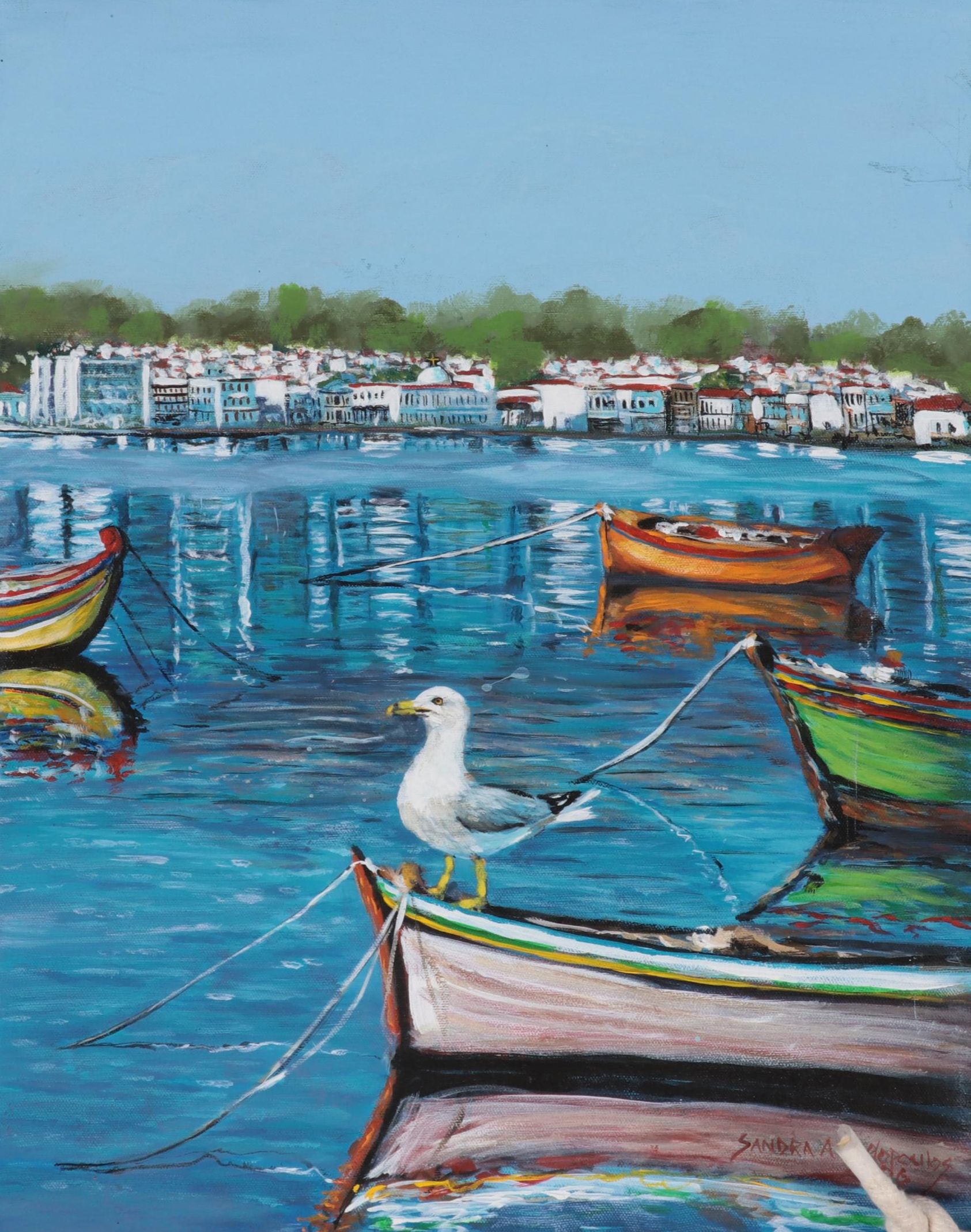 Sandra Angelopoulos Acrylic Painting of Harbor Scene