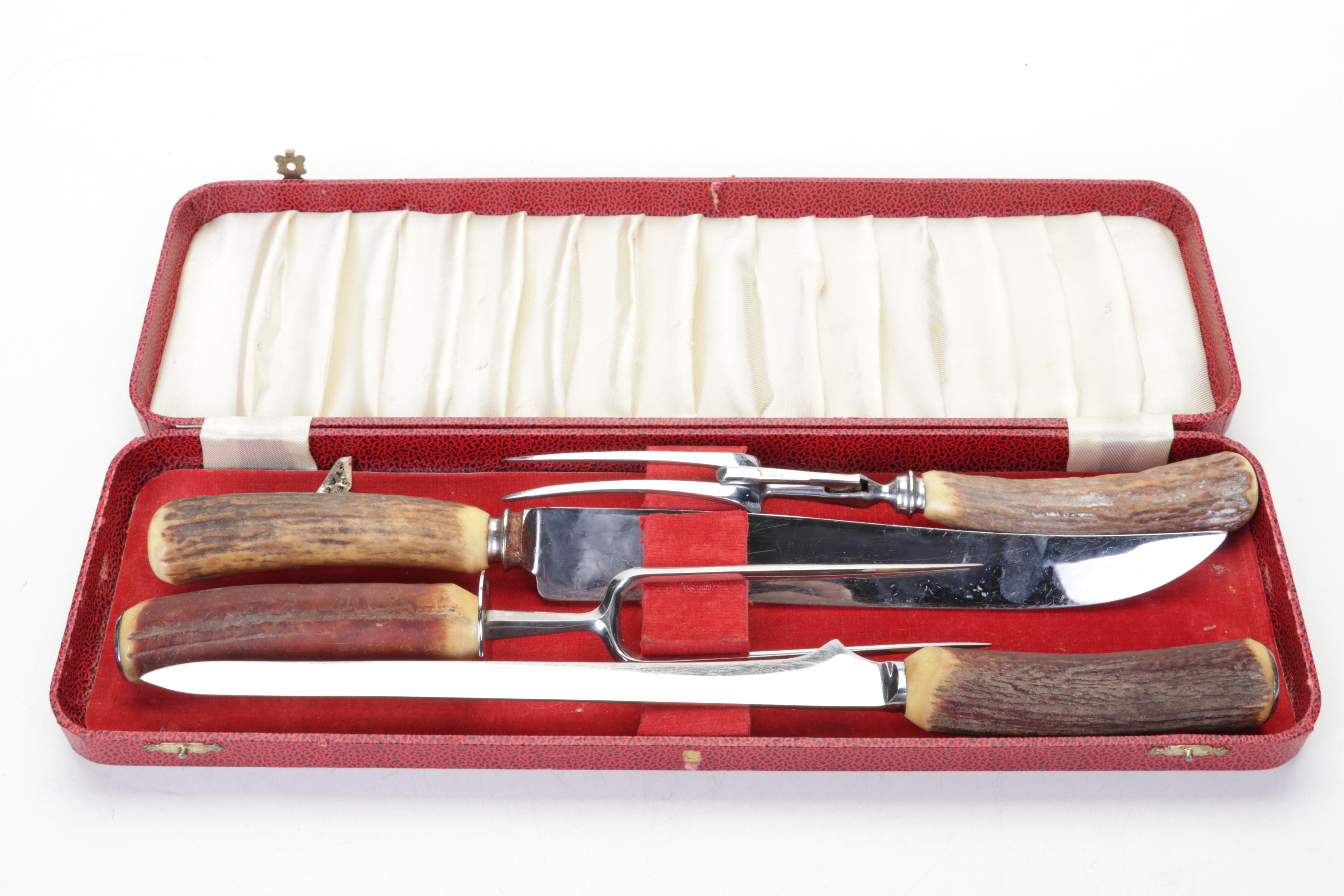 Lee and Wigfull Sheffield and Cutlass Antler Handle Stainless Steel Carving Set
