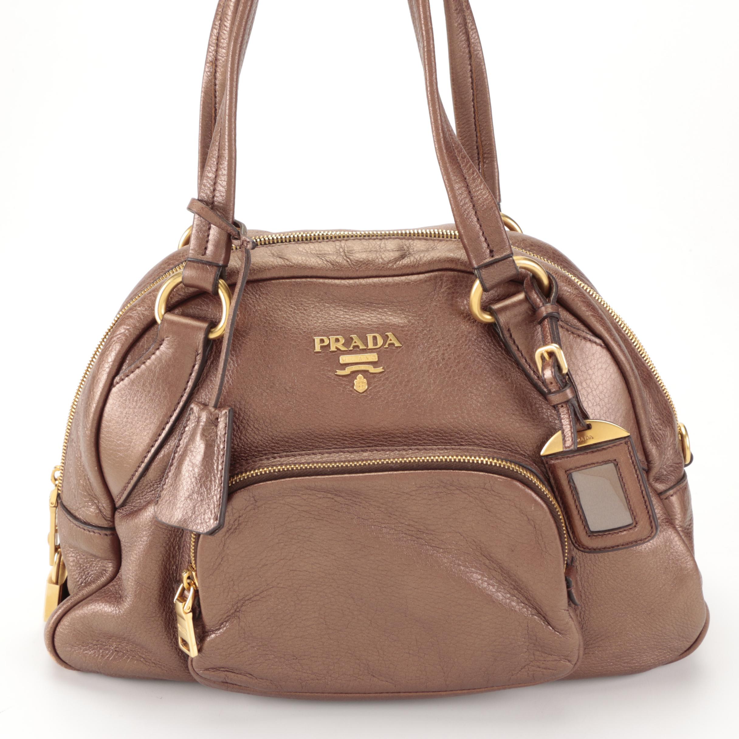 Prada Domed Shoulder Bag in Bronze Metallic Deerskin Leather