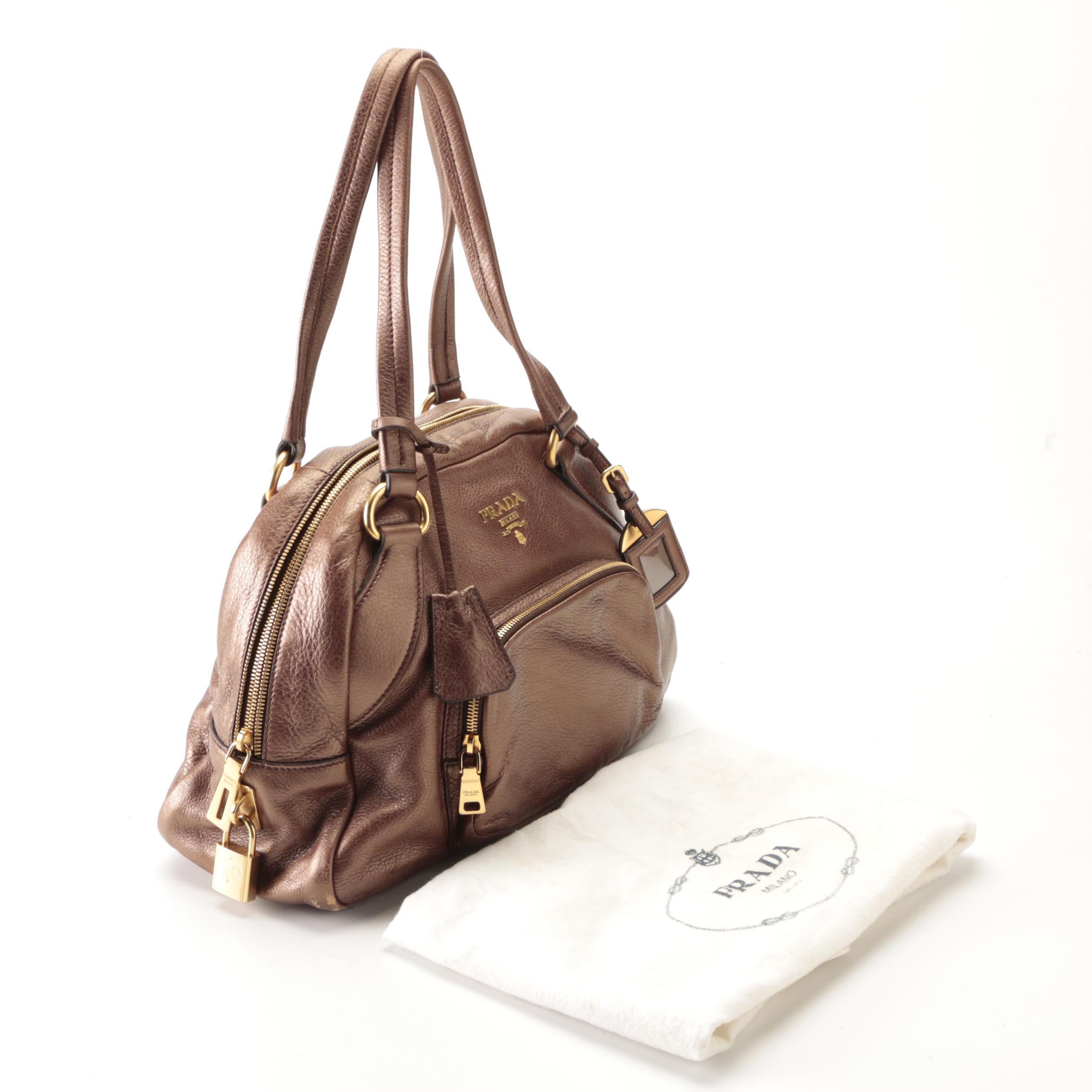 Prada Domed Shoulder Bag in Bronze Metallic Deerskin Leather