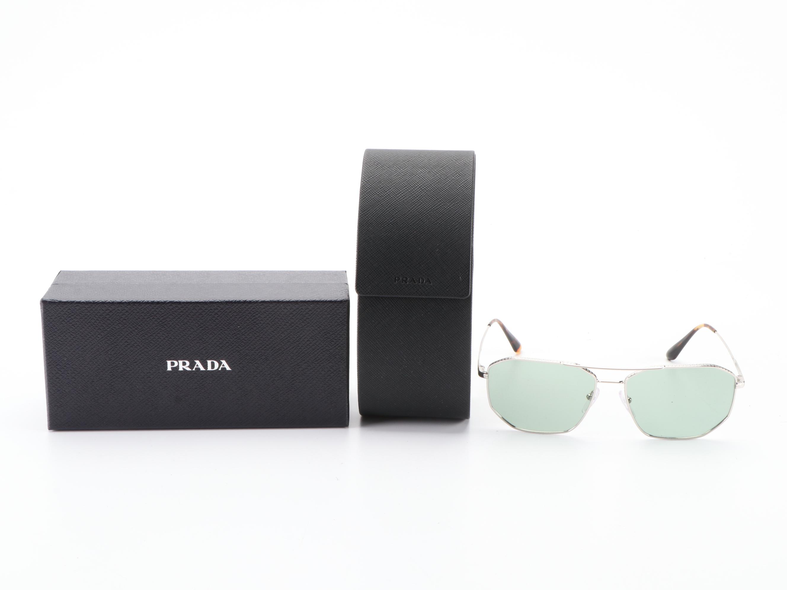 Prada SPR64X Silver Tone Double-Bridge Sunglasses with Case and Box