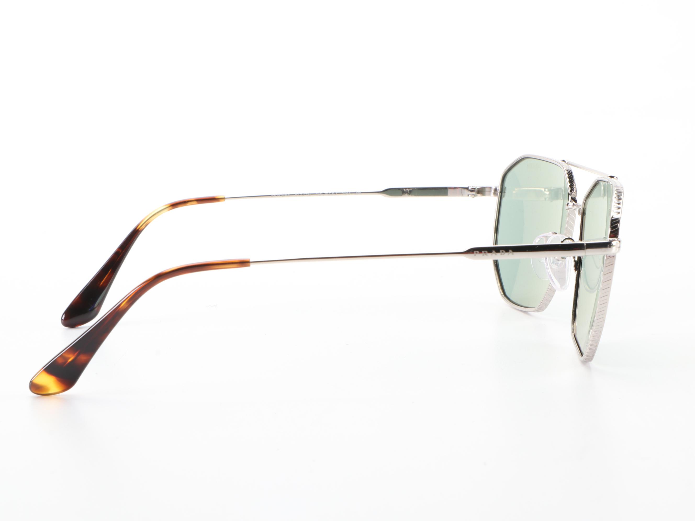 Prada SPR64X Silver Tone Double-Bridge Sunglasses with Case and Box