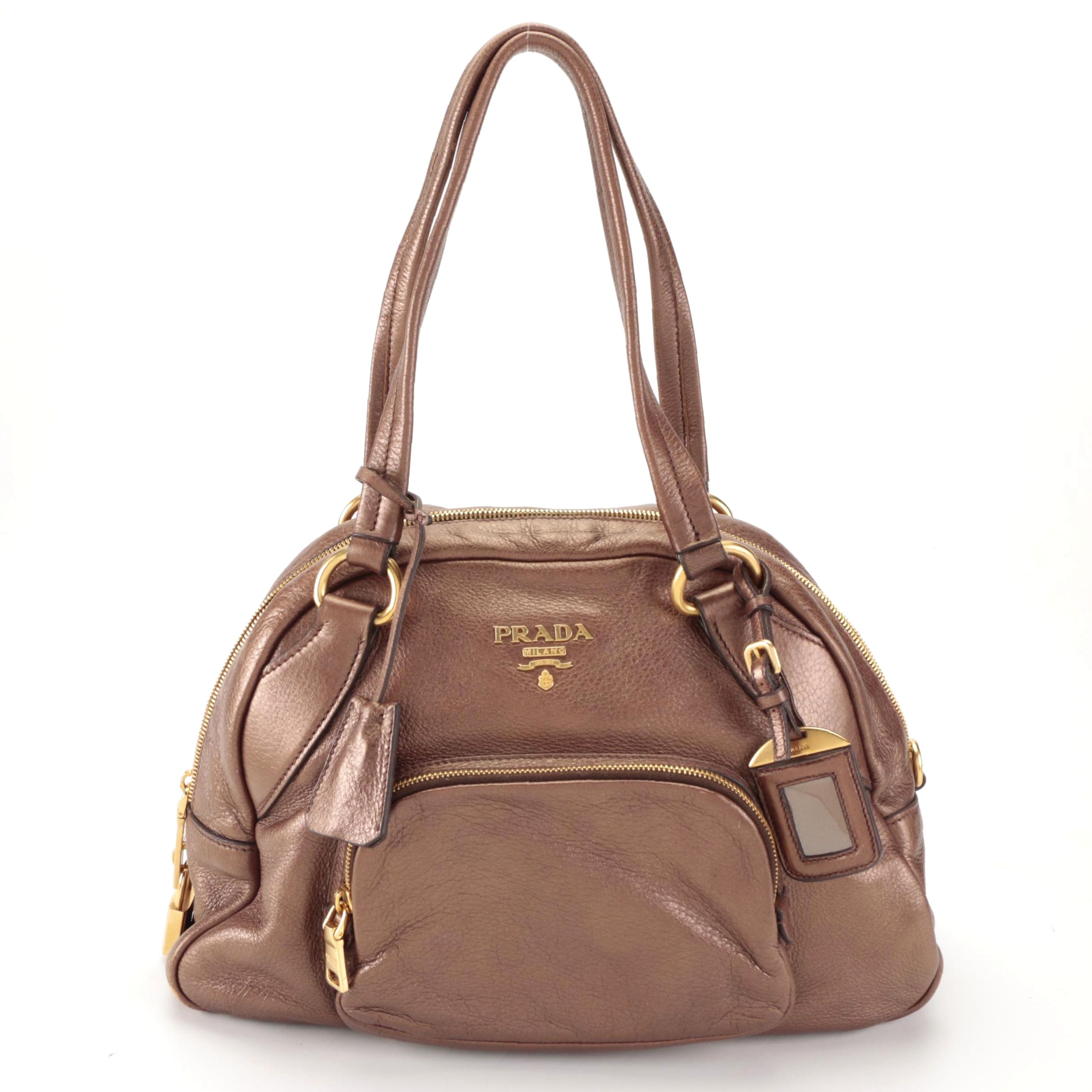 Prada Domed Shoulder Bag in Bronze Metallic Deerskin Leather