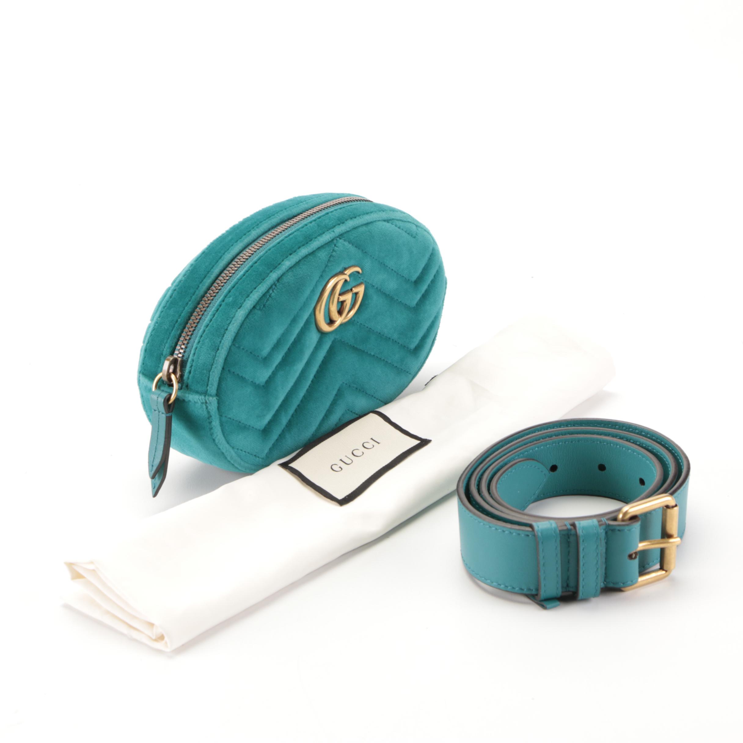 Gucci GG Marmont Belt Bag in Teal Matelassé Velvet and Leather