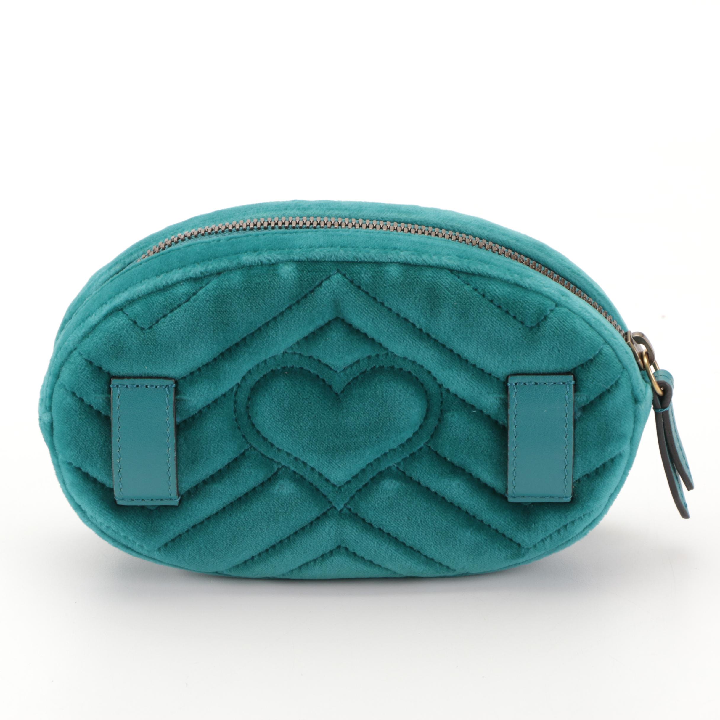 Gucci GG Marmont Belt Bag in Teal Matelassé Velvet and Leather