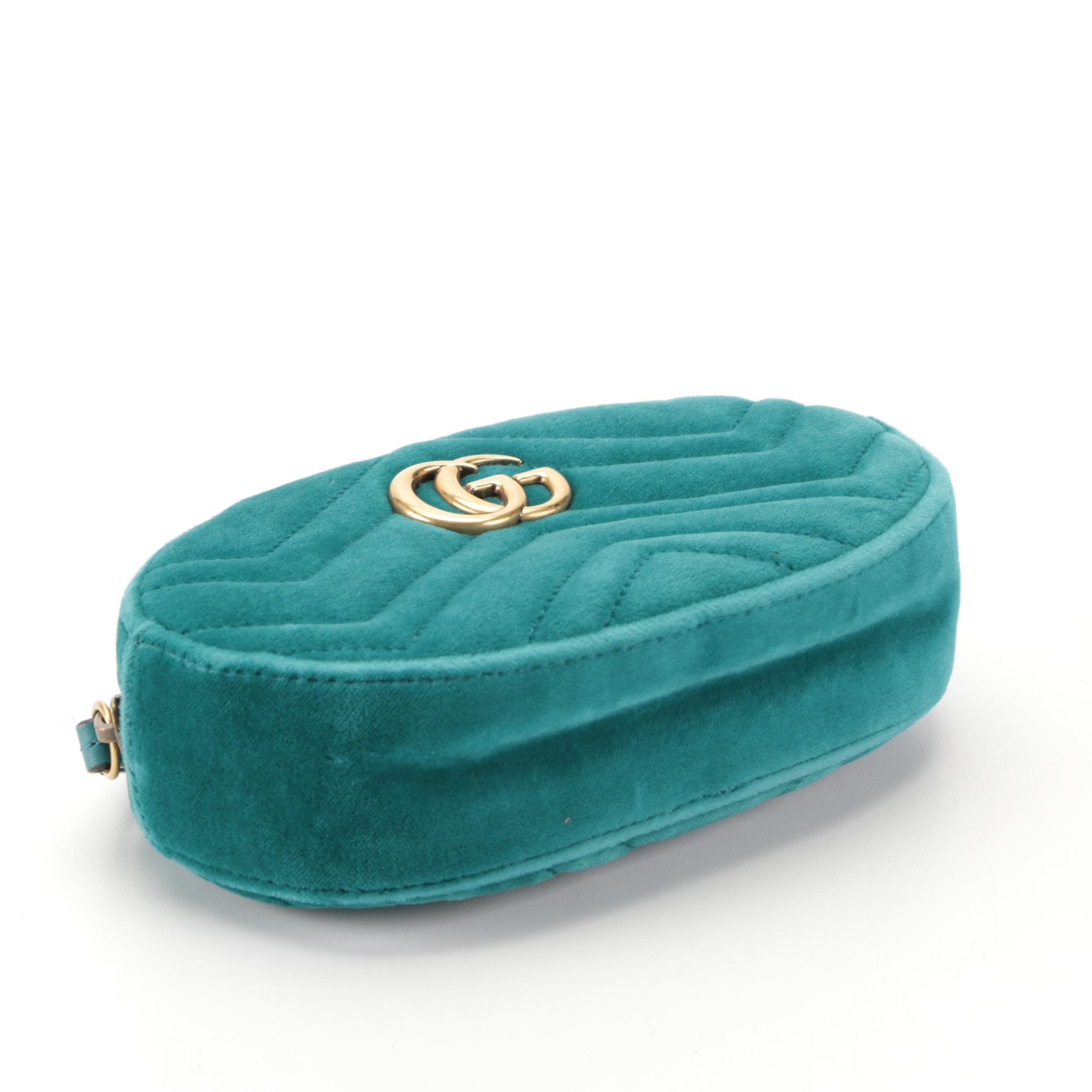 Gucci GG Marmont Belt Bag in Teal Matelassé Velvet and Leather