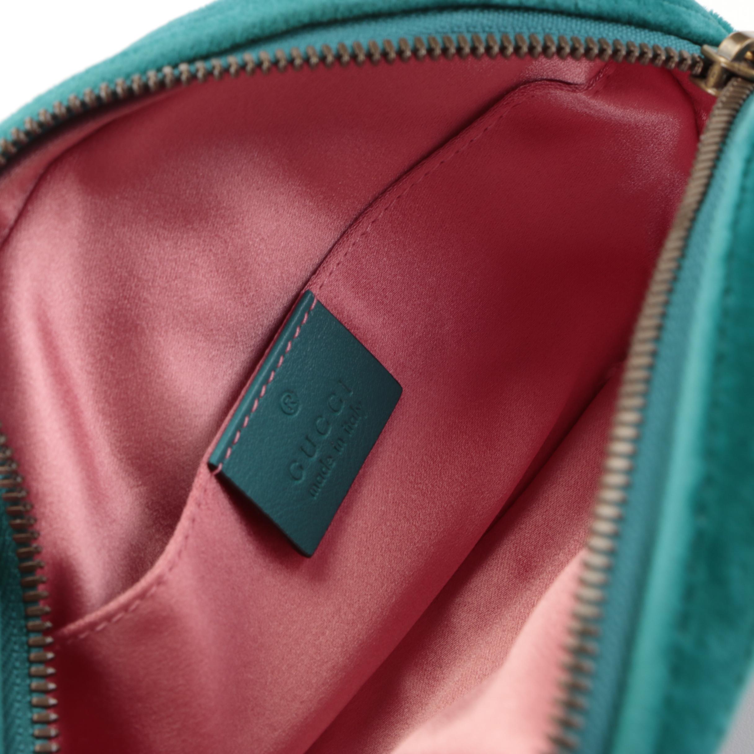 Gucci GG Marmont Belt Bag in Teal Matelassé Velvet and Leather