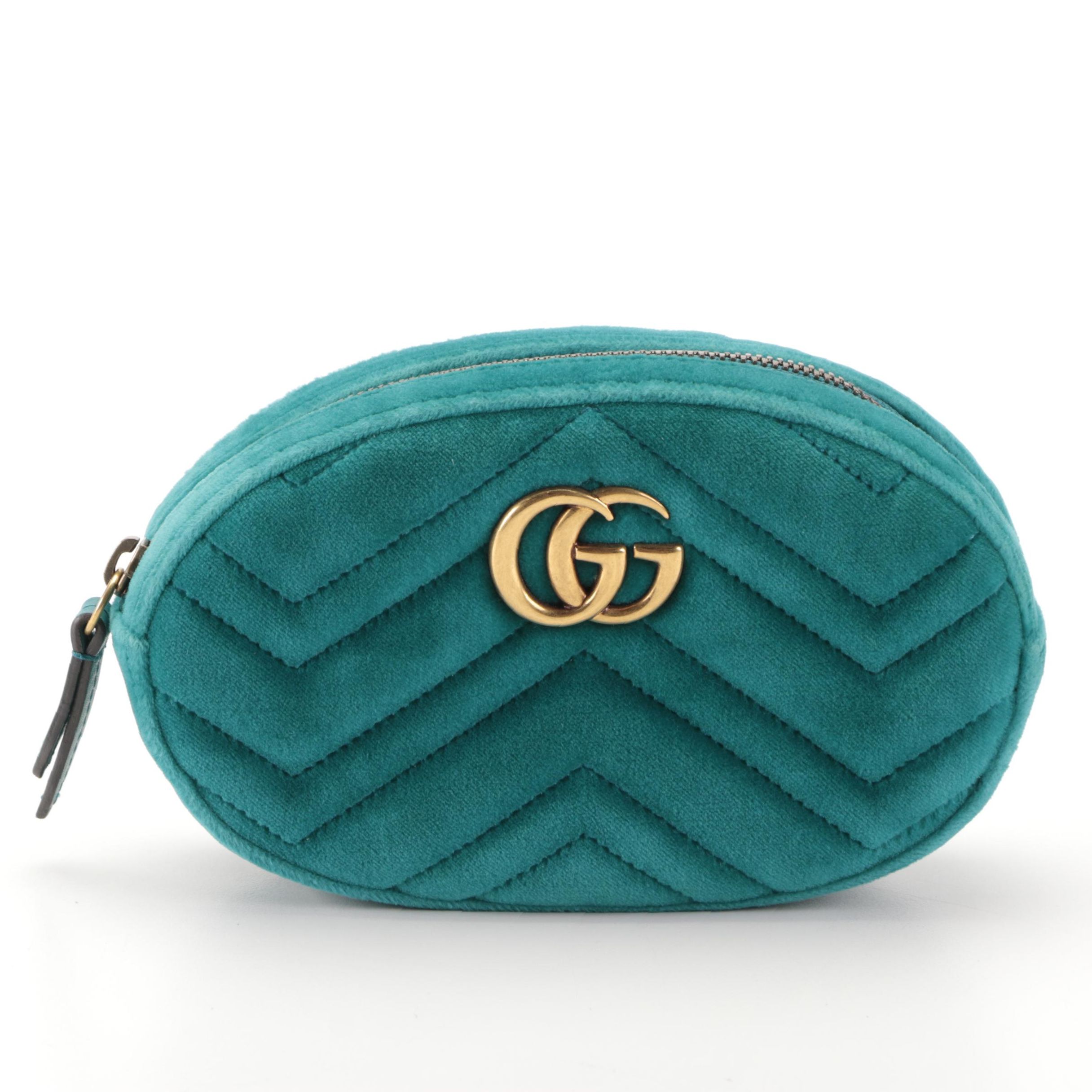 Gucci GG Marmont Belt Bag in Teal Matelassé Velvet and Leather