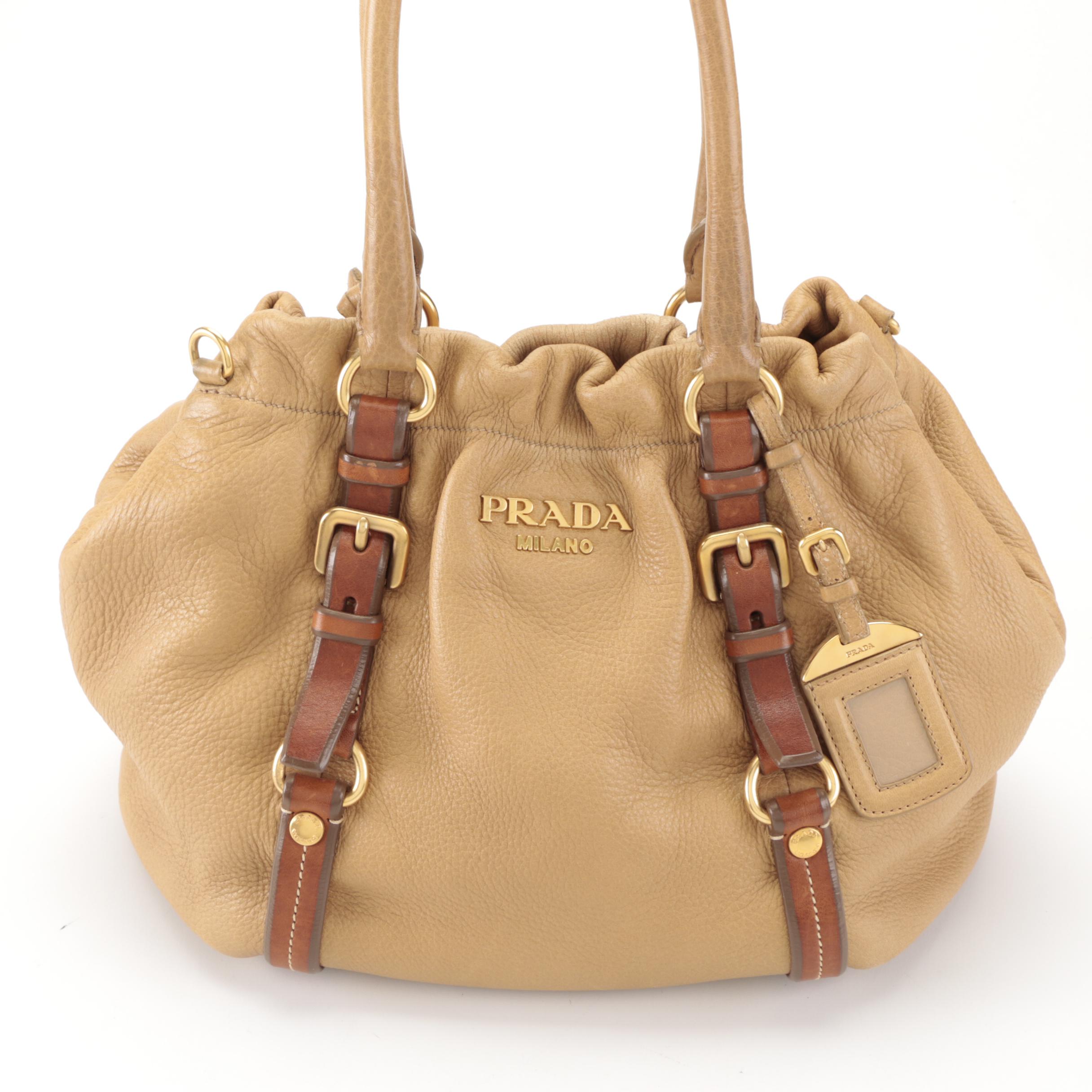 Prada Gathered Satchel in Tan Deerskin Leather