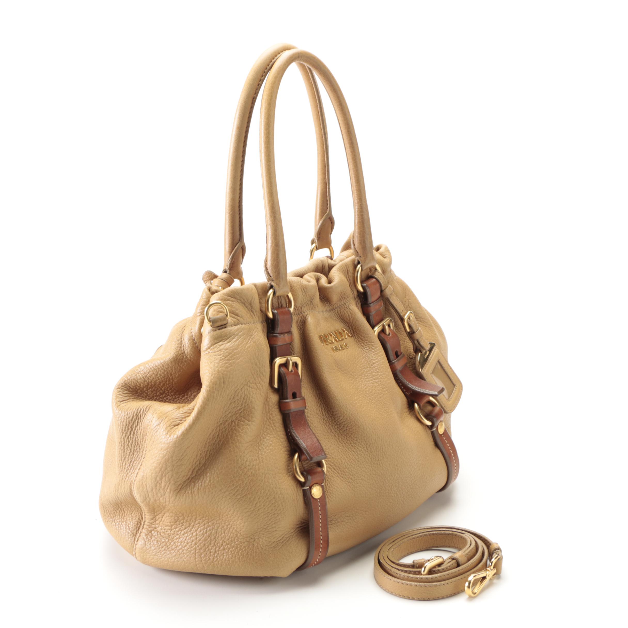 Prada Gathered Satchel in Tan Deerskin Leather