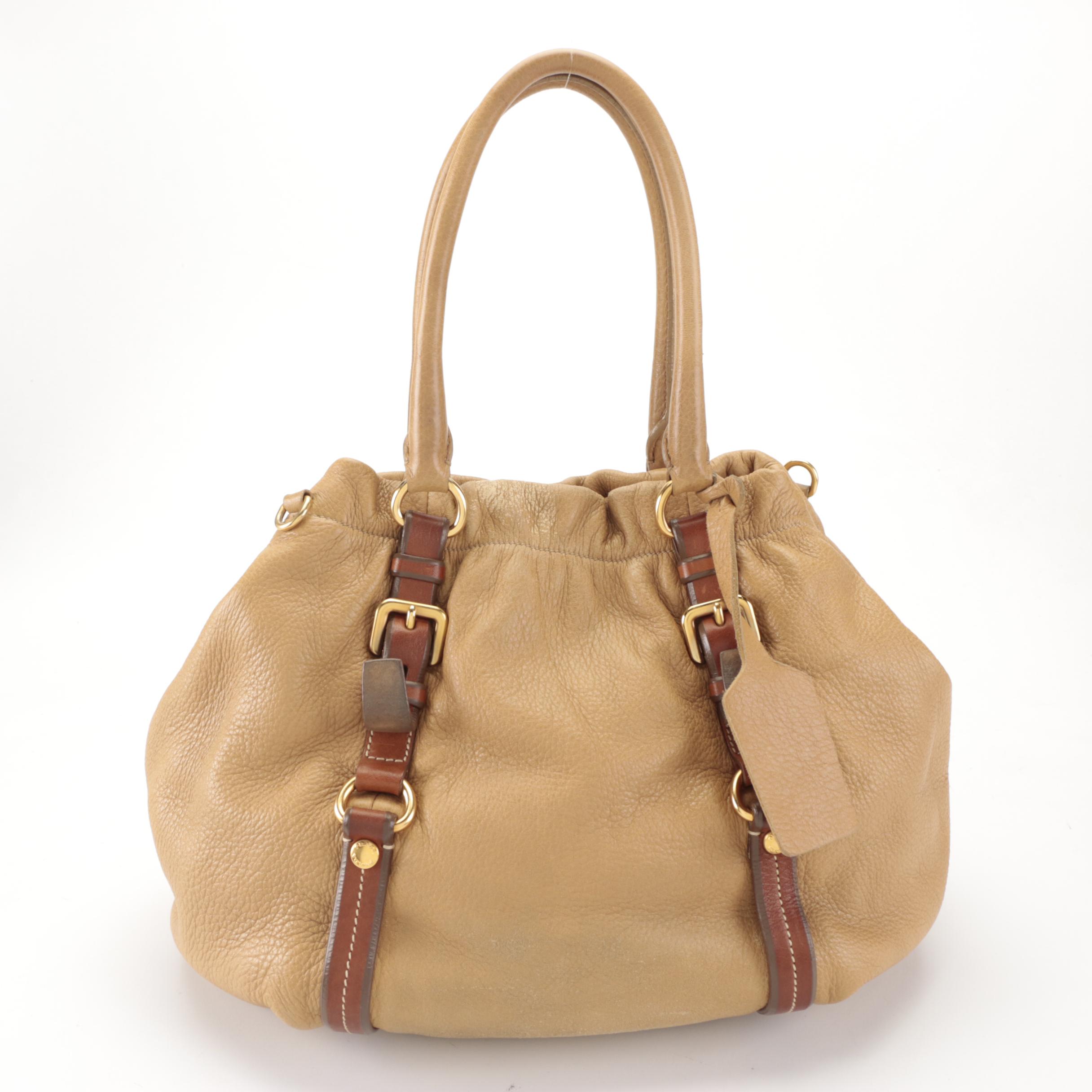 Prada Gathered Satchel in Tan Deerskin Leather