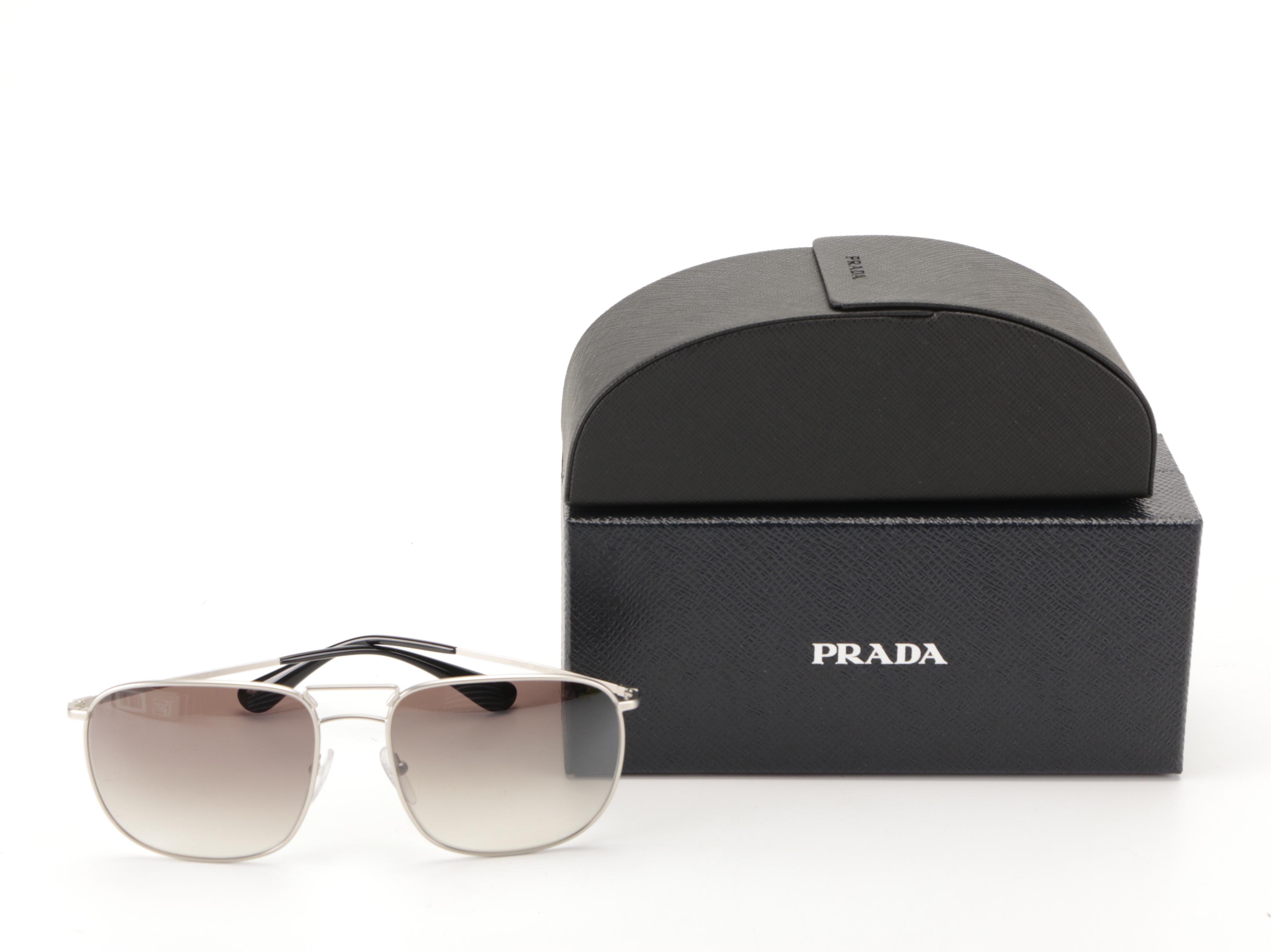 Prada SPR 52T Rectangular Aviator Sunglasses in Matte Metal with Case and Box