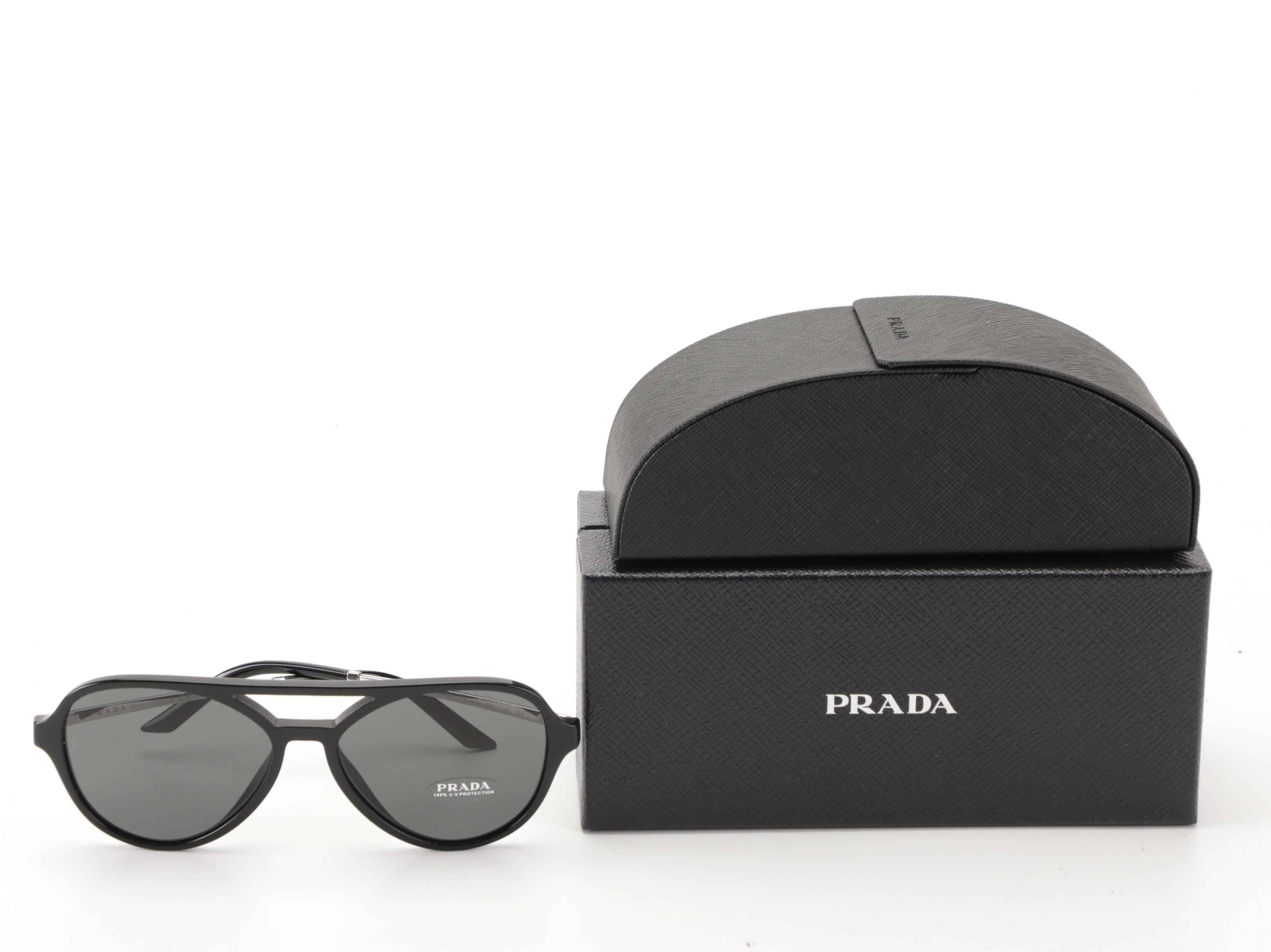 Prada SPR 13W Aviator Sunglasses in Black Acetate with Case and Box
