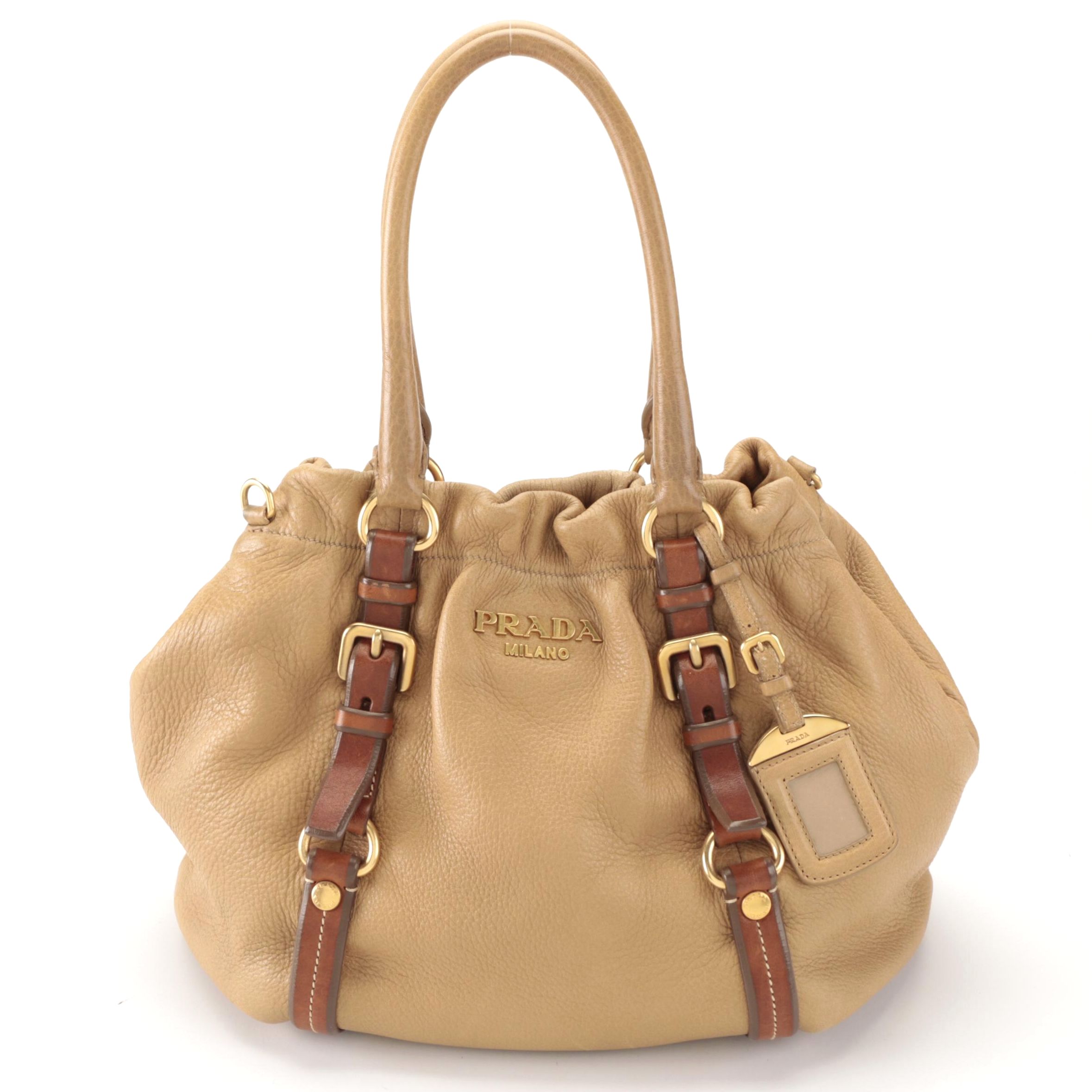 Prada Gathered Satchel in Tan Deerskin Leather