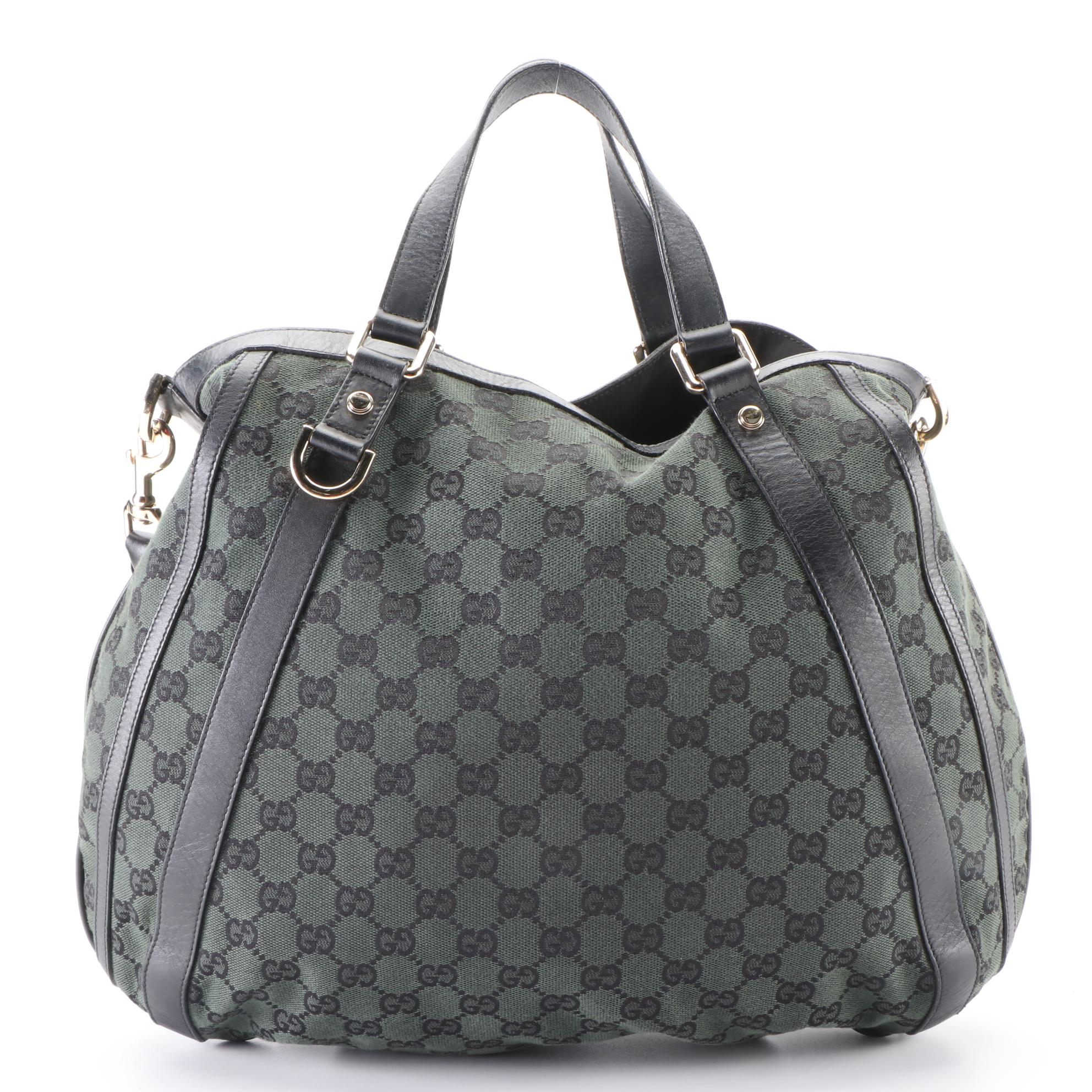 Gucci Abbey D-Ring Two-Way Hobo Tote in Green GG Canvas and Black Leather