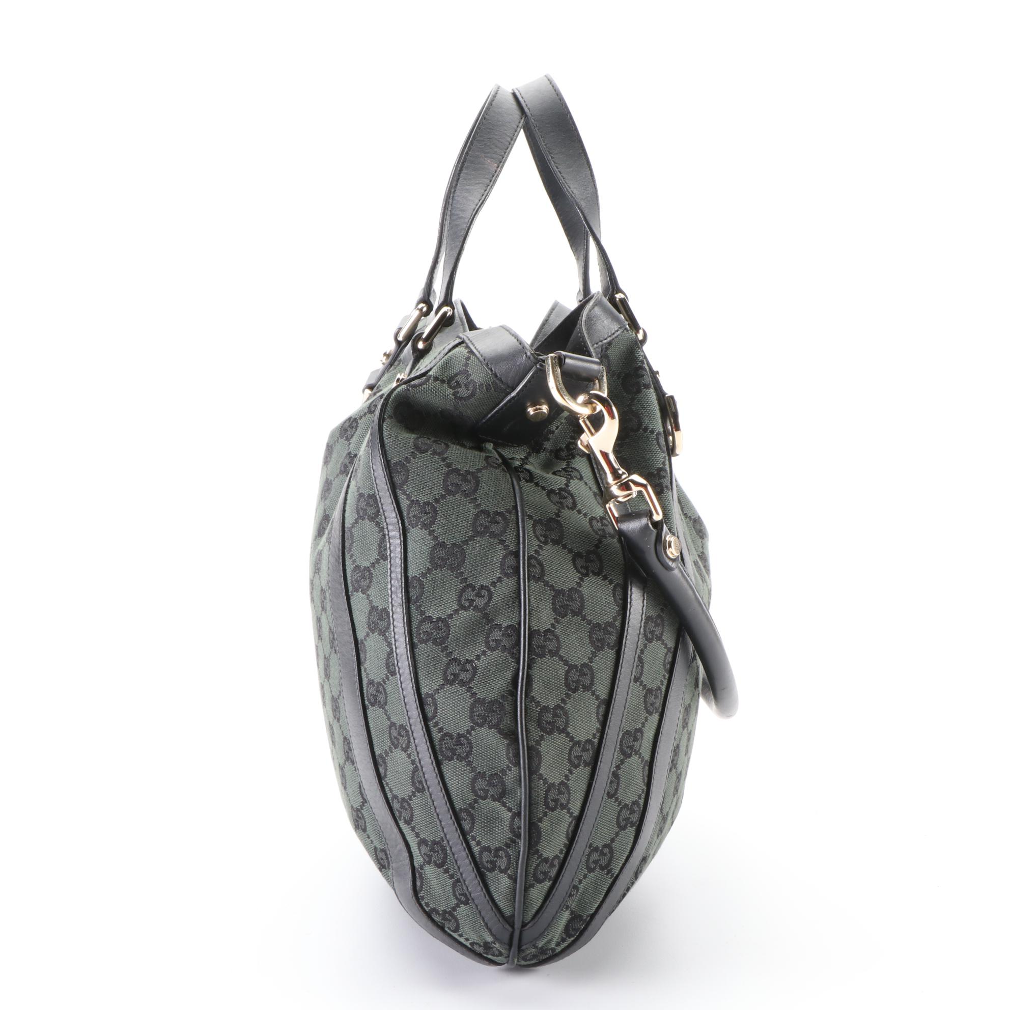 Gucci Abbey D-Ring Two-Way Hobo Tote in Green GG Canvas and Black Leather