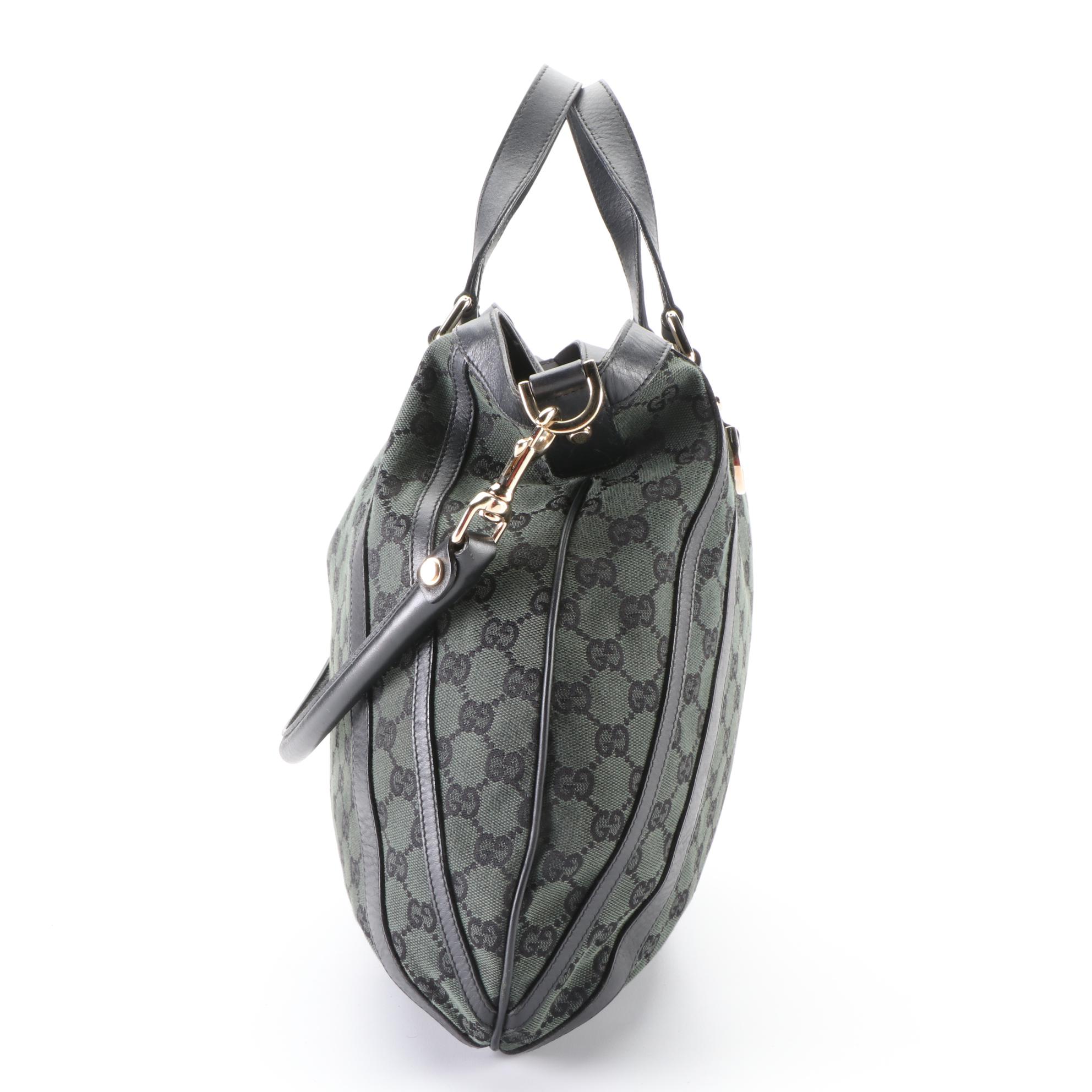 Gucci Abbey D-Ring Two-Way Hobo Tote in Green GG Canvas and Black Leather