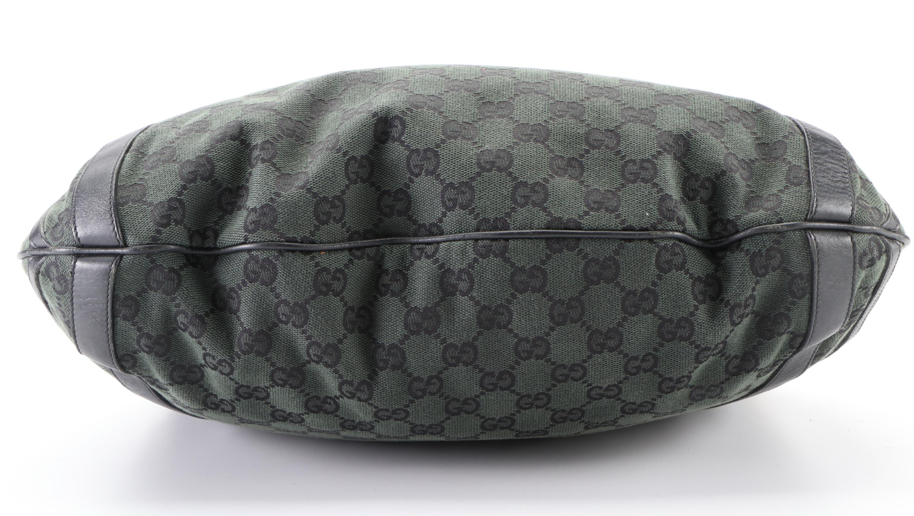 Gucci Abbey D-Ring Two-Way Hobo Tote in Green GG Canvas and Black Leather