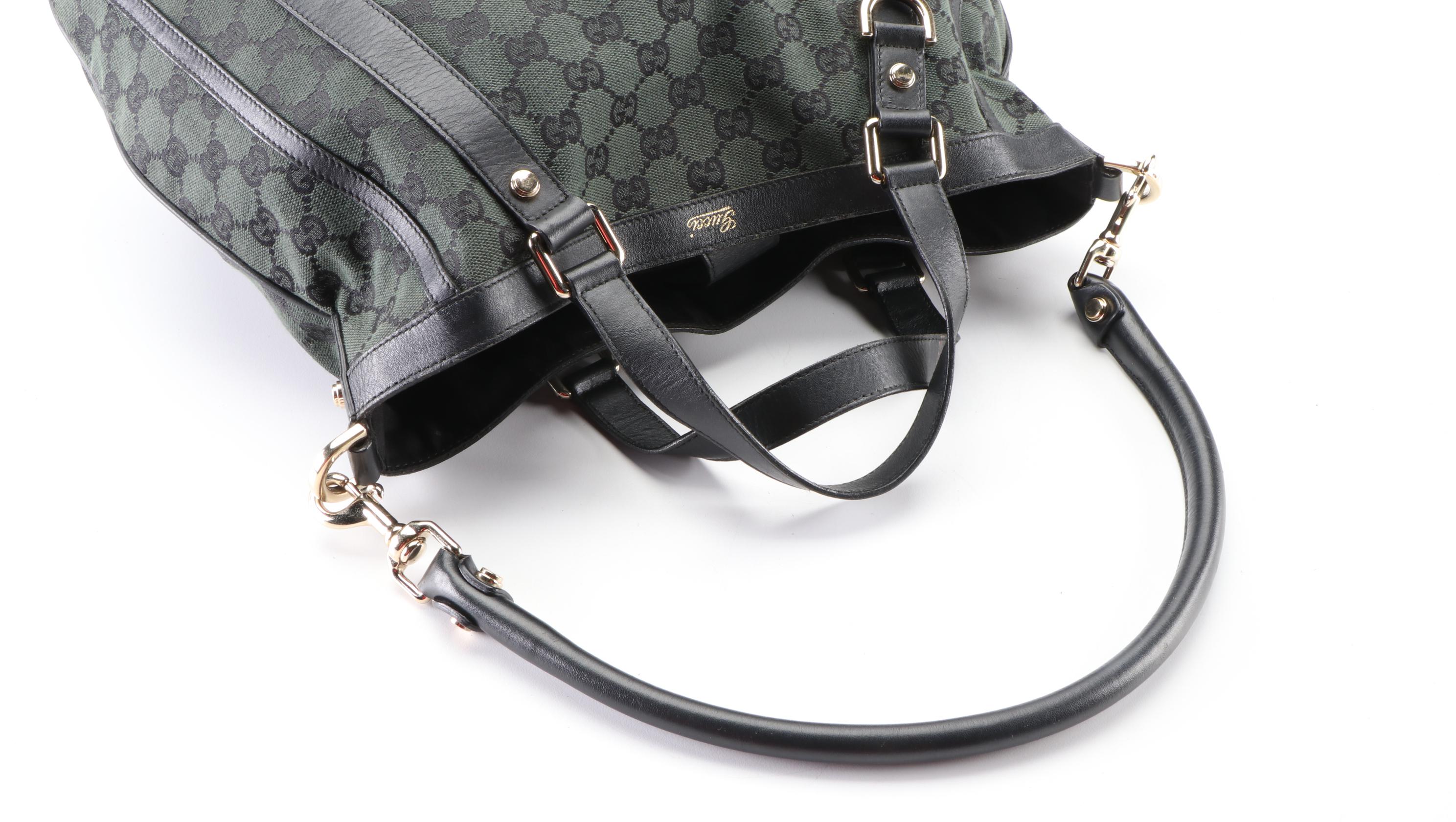 Gucci Abbey D-Ring Two-Way Hobo Tote in Green GG Canvas and Black Leather