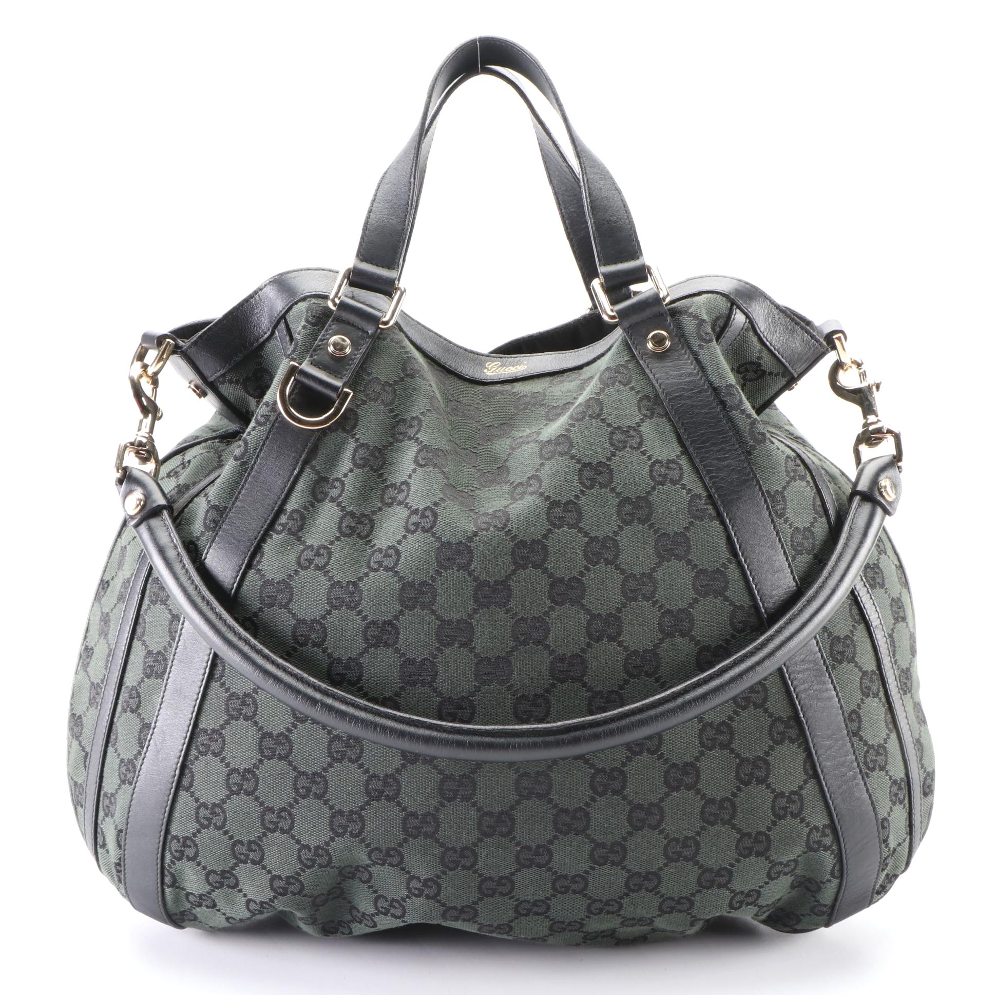 Gucci Abbey D-Ring Two-Way Hobo Tote in Green GG Canvas and Black Leather