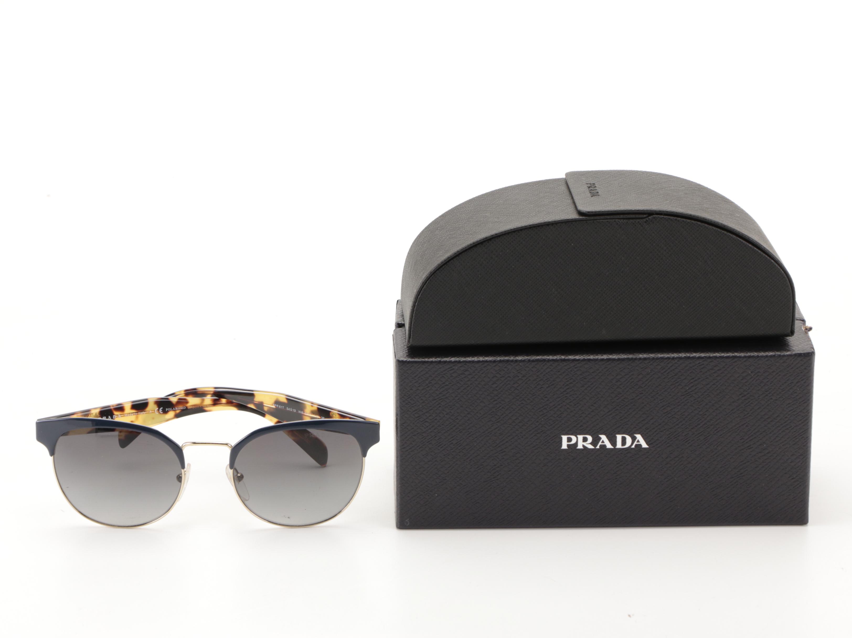 Prada SPR61T Polarized Horn-Rimmed Round Sunglasses with Case and Box