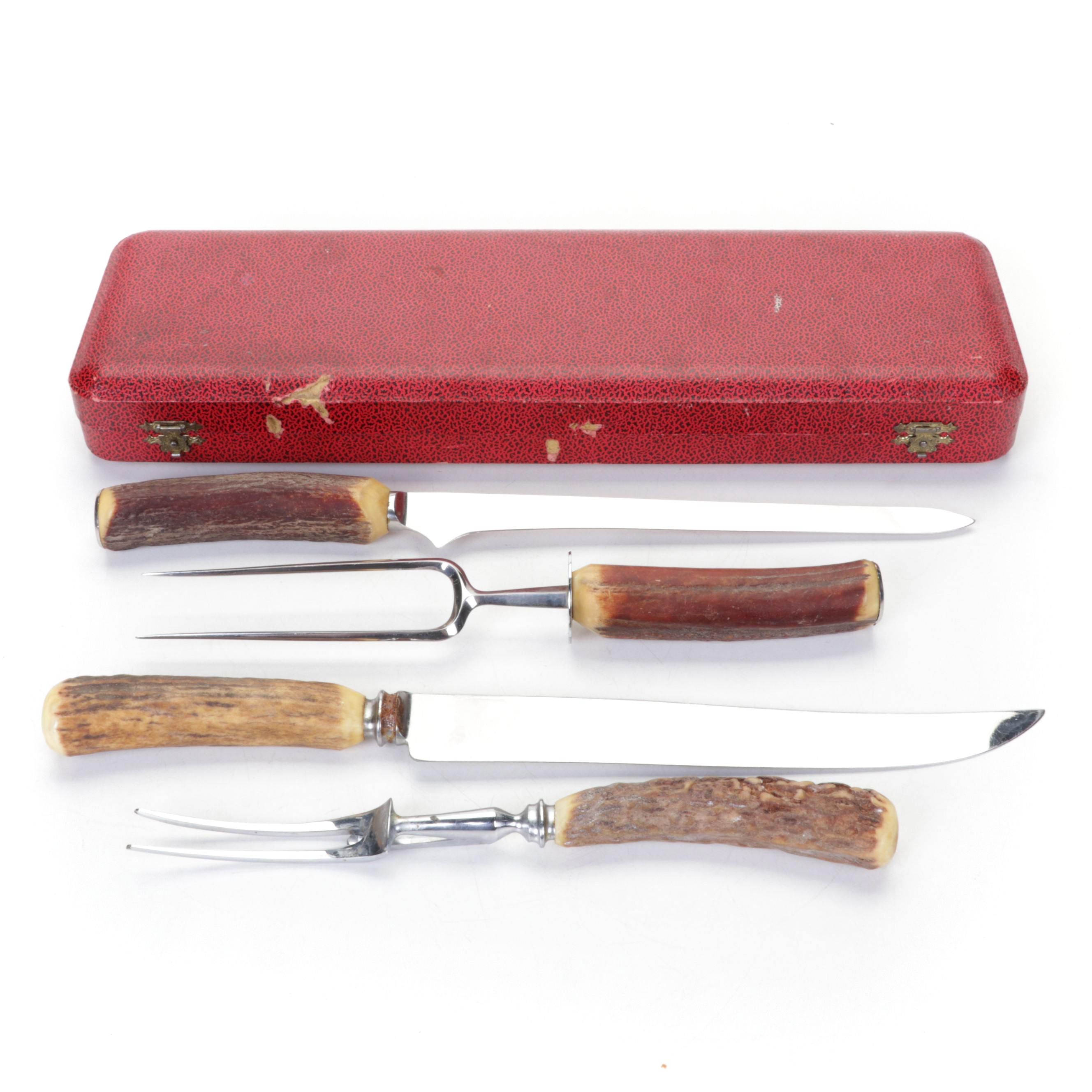 Lee and Wigfull Sheffield and Cutlass Antler Handle Stainless Steel Carving Set
