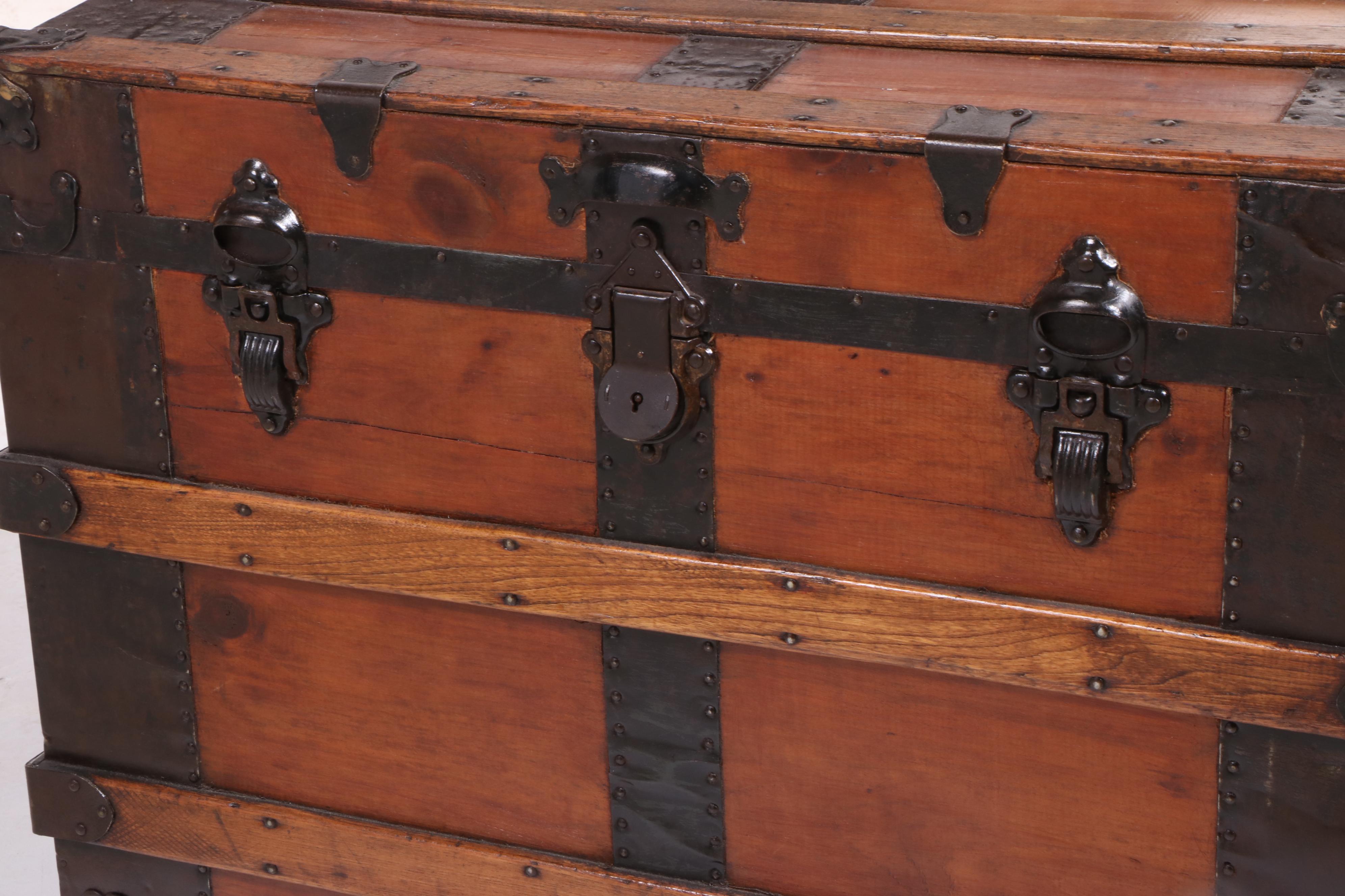 Late Victorian Flat Top Slatted Wood Steamer Trunk, Late 19th/ Early 20th C.