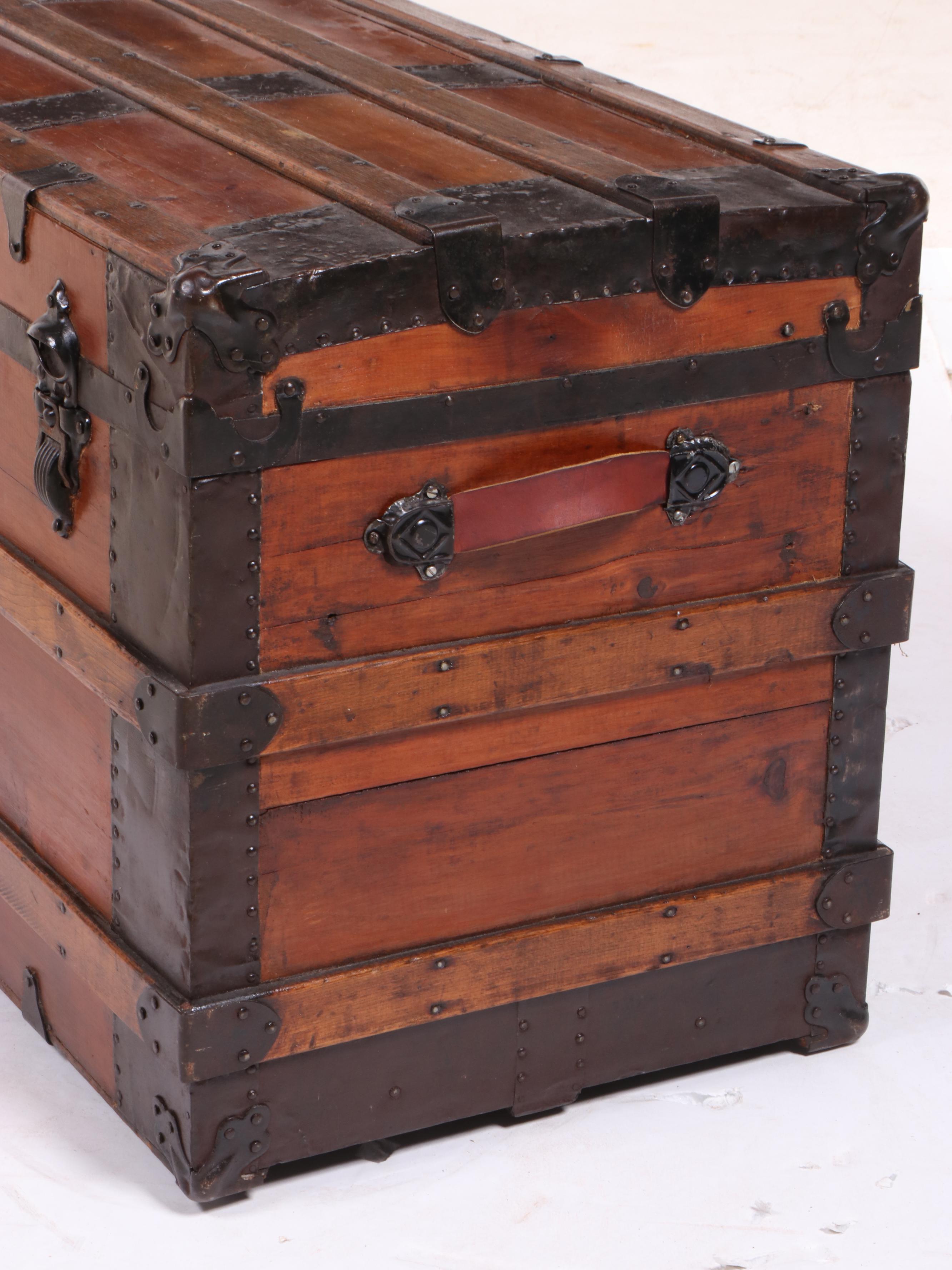 Late Victorian Flat Top Slatted Wood Steamer Trunk, Late 19th/ Early 20th C.