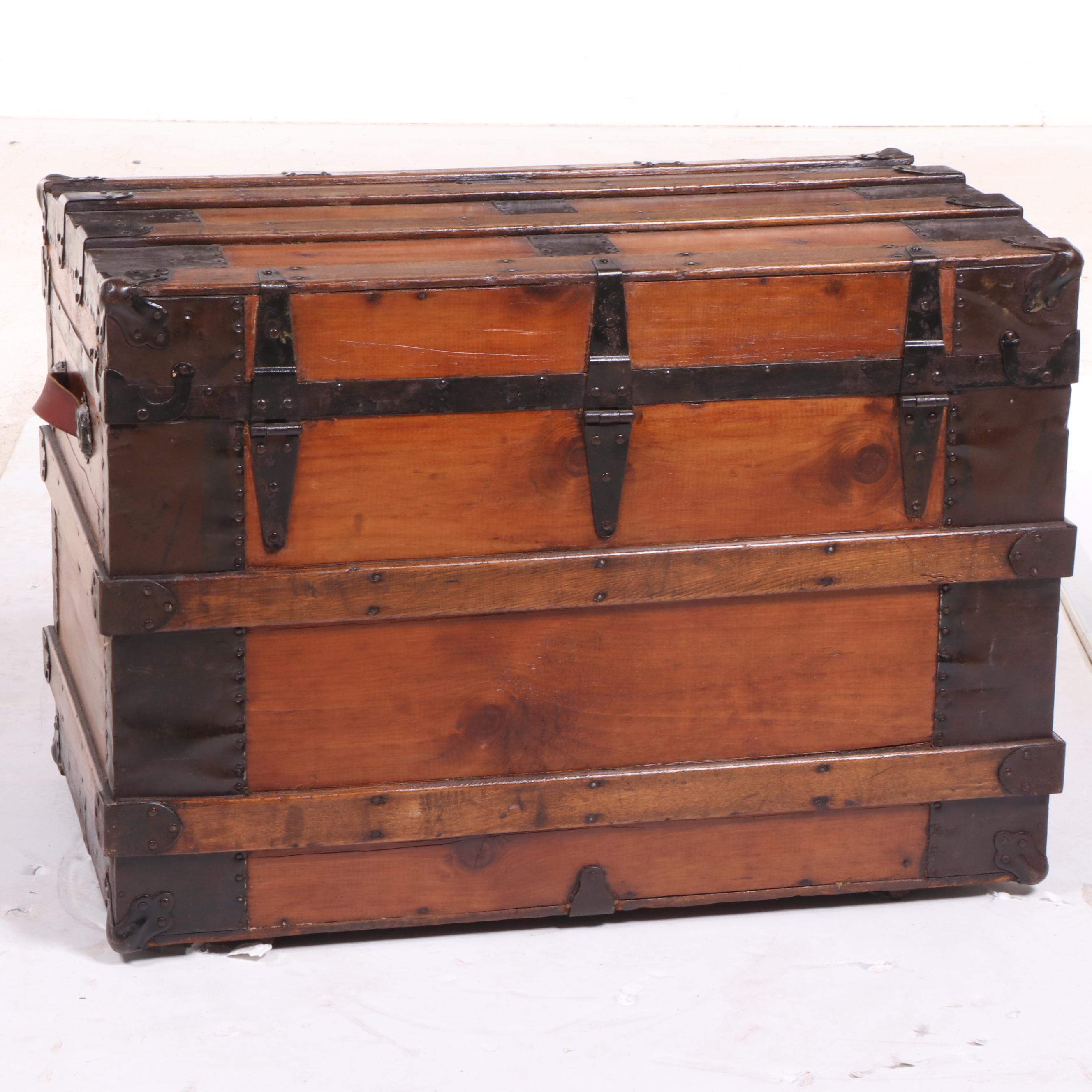 Late Victorian Flat Top Slatted Wood Steamer Trunk, Late 19th/ Early 20th C.