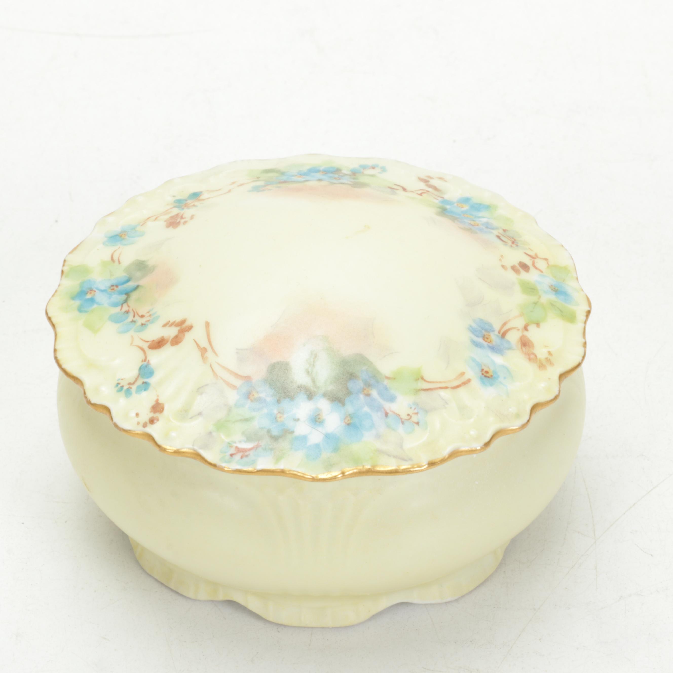 Wedgwood  "Gold Tonquin" Porcelain Box with Beaded Purse and Other Vanity Pieces