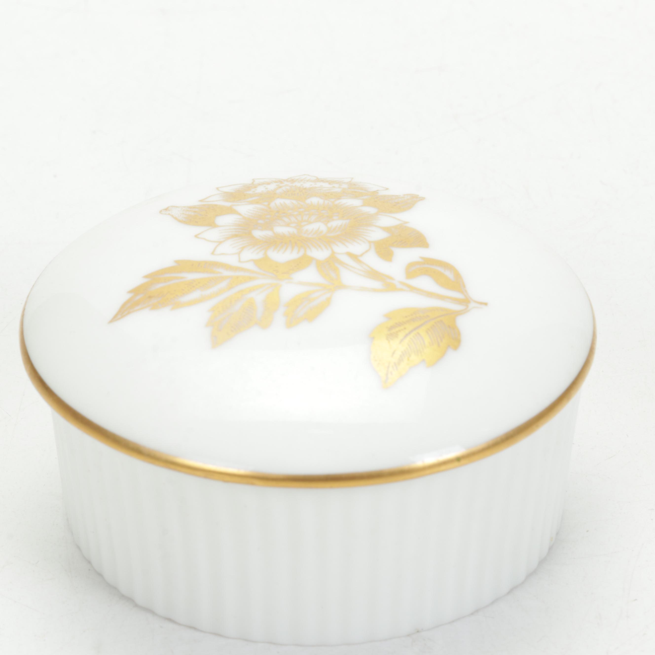 Wedgwood  "Gold Tonquin" Porcelain Box with Beaded Purse and Other Vanity Pieces