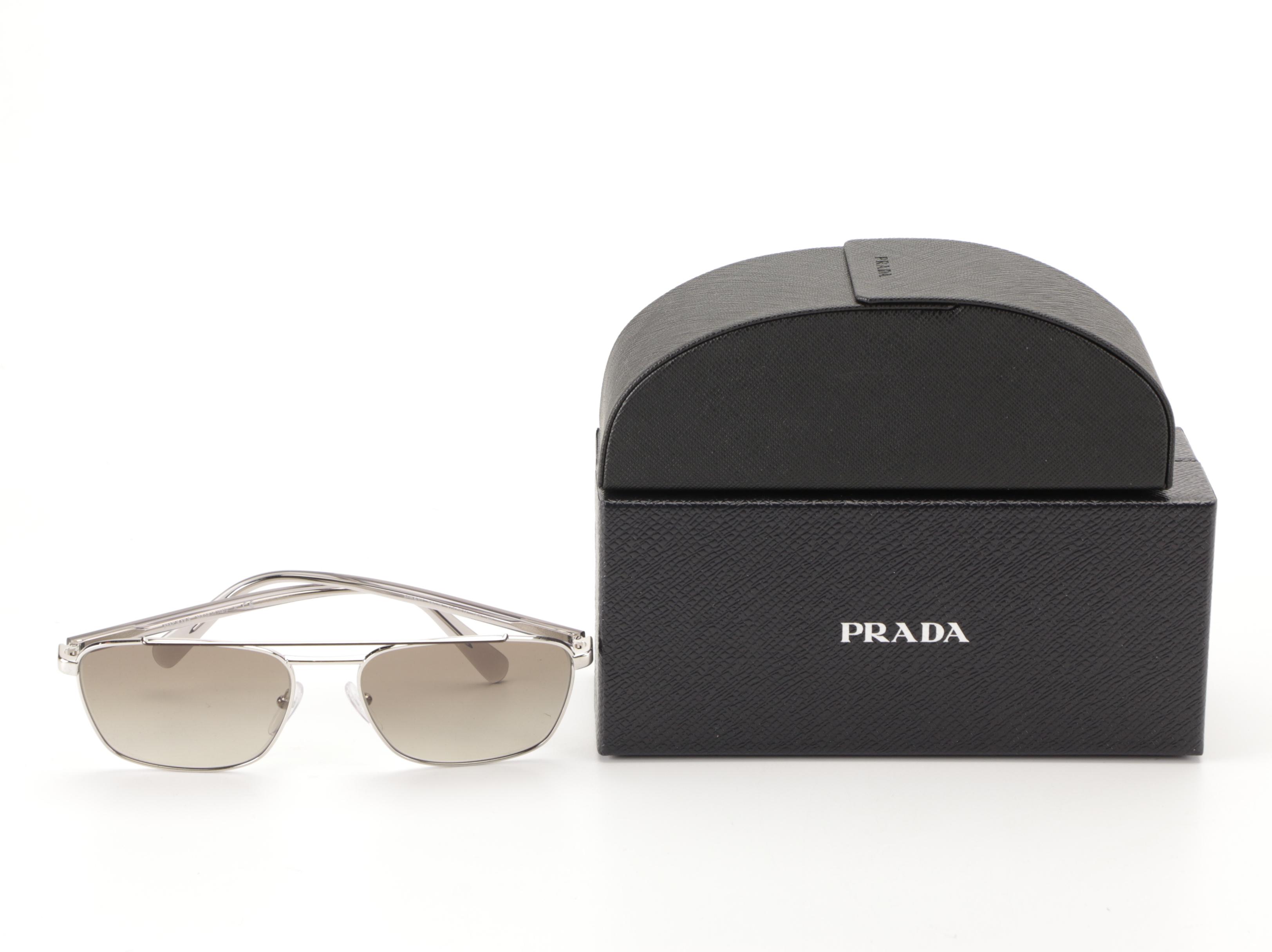 Prada SPR61U Silver-Tone Metal Square Aviator Sunglasses with Case and Box