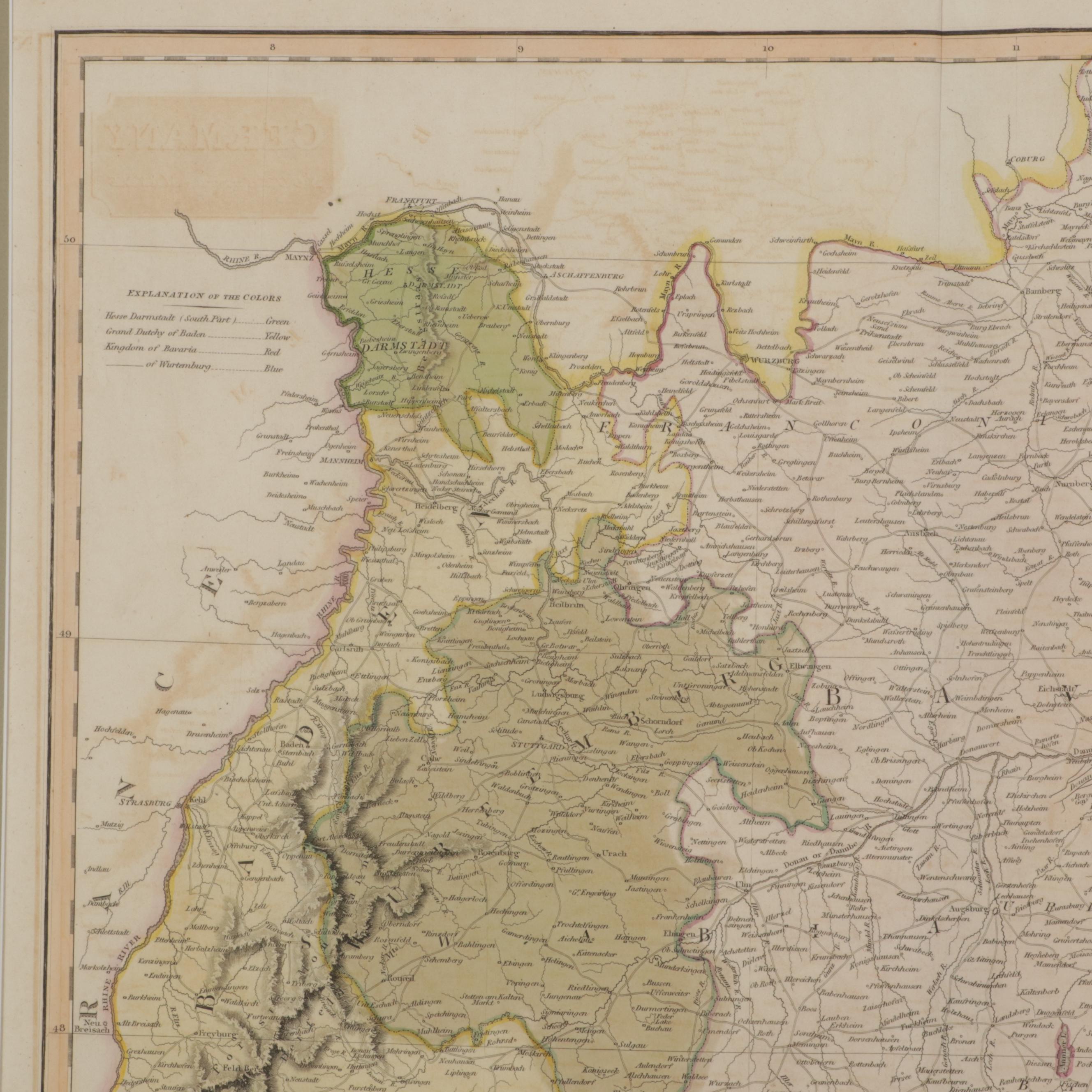 John Thomson Hand-Colored Engraving Map "Germany South of the Mayne," 1816
