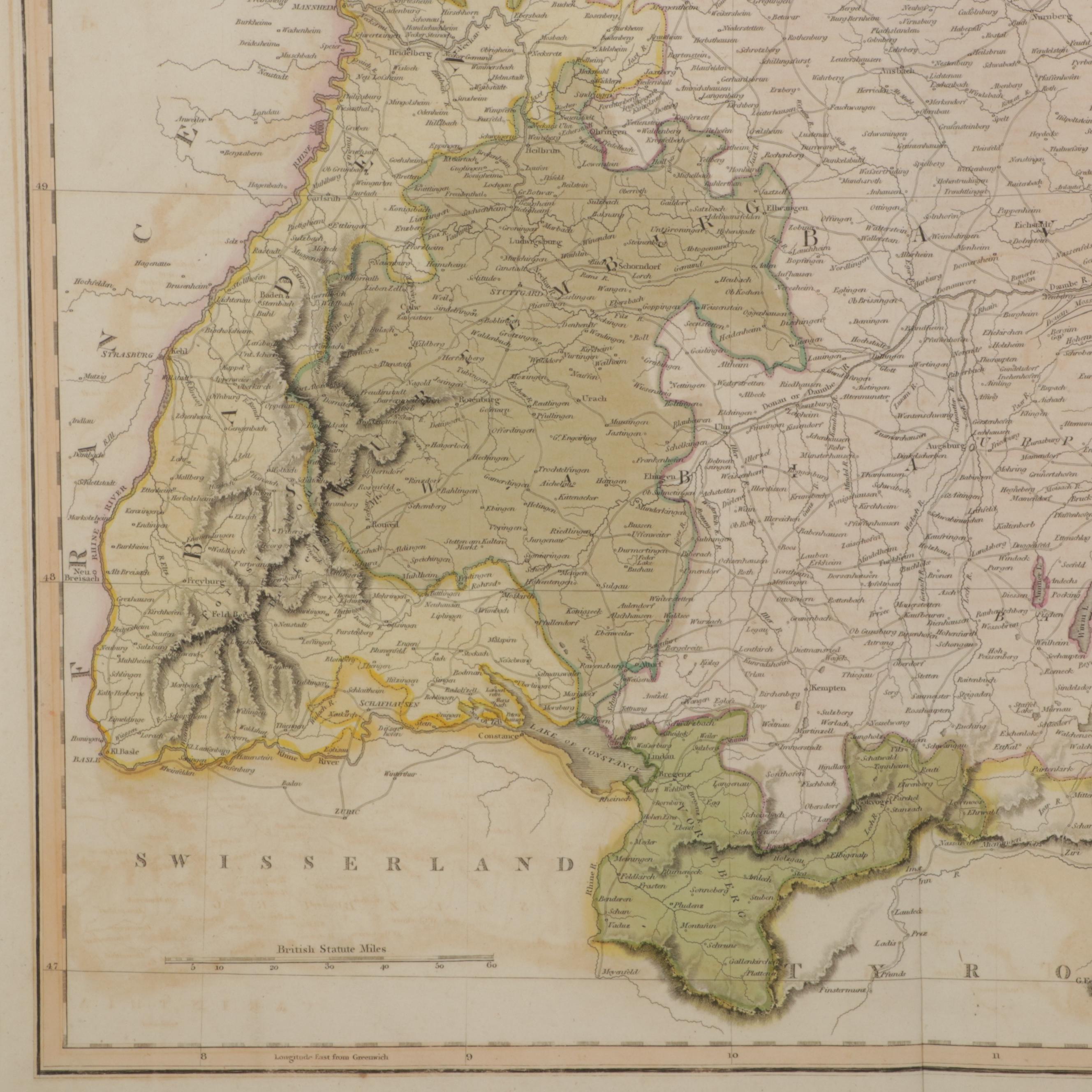 John Thomson Hand-Colored Engraving Map "Germany South of the Mayne," 1816