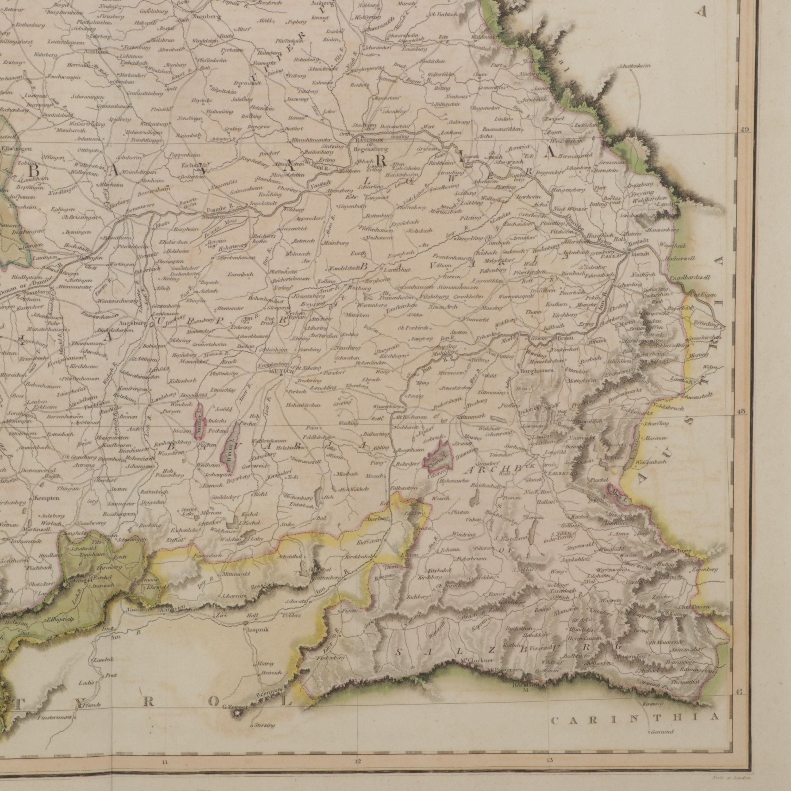 John Thomson Hand-Colored Engraving Map "Germany South of the Mayne," 1816