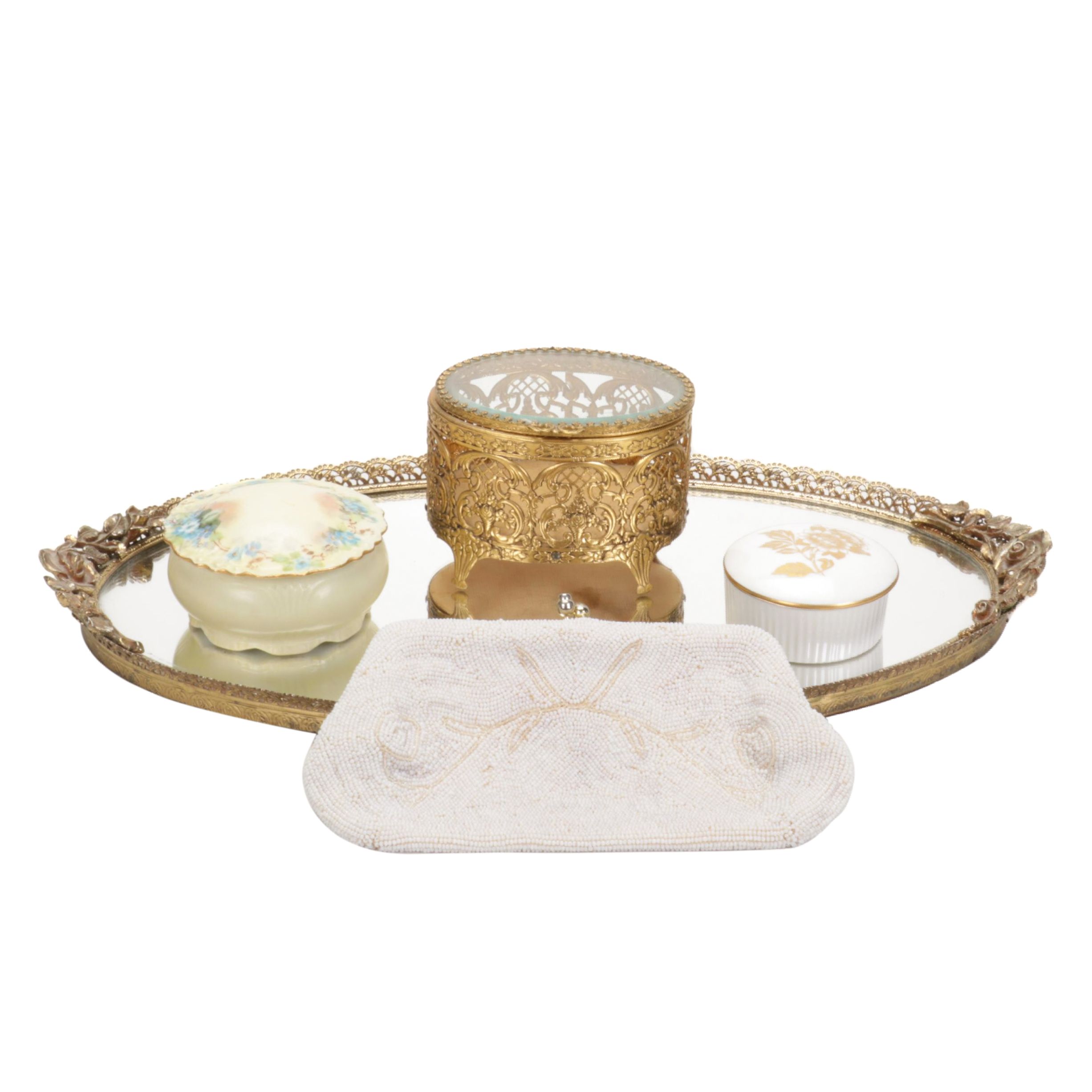 Wedgwood  "Gold Tonquin" Porcelain Box with Beaded Purse and Other Vanity Pieces