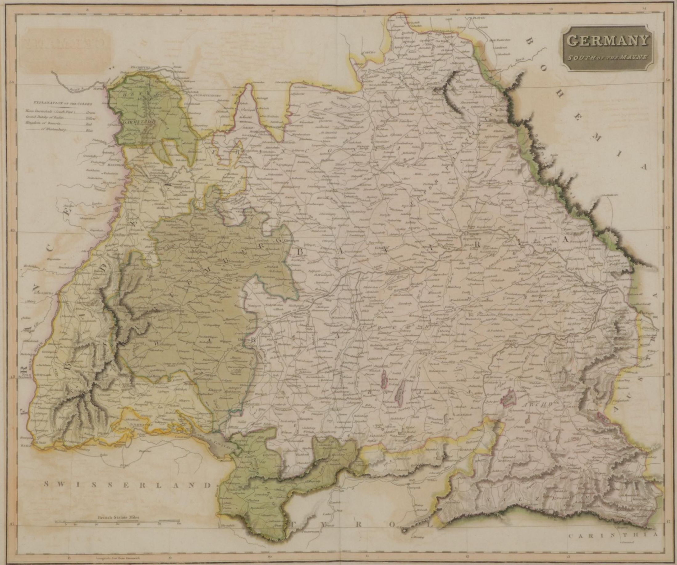 John Thomson Hand-Colored Engraving Map "Germany South of the Mayne," 1816