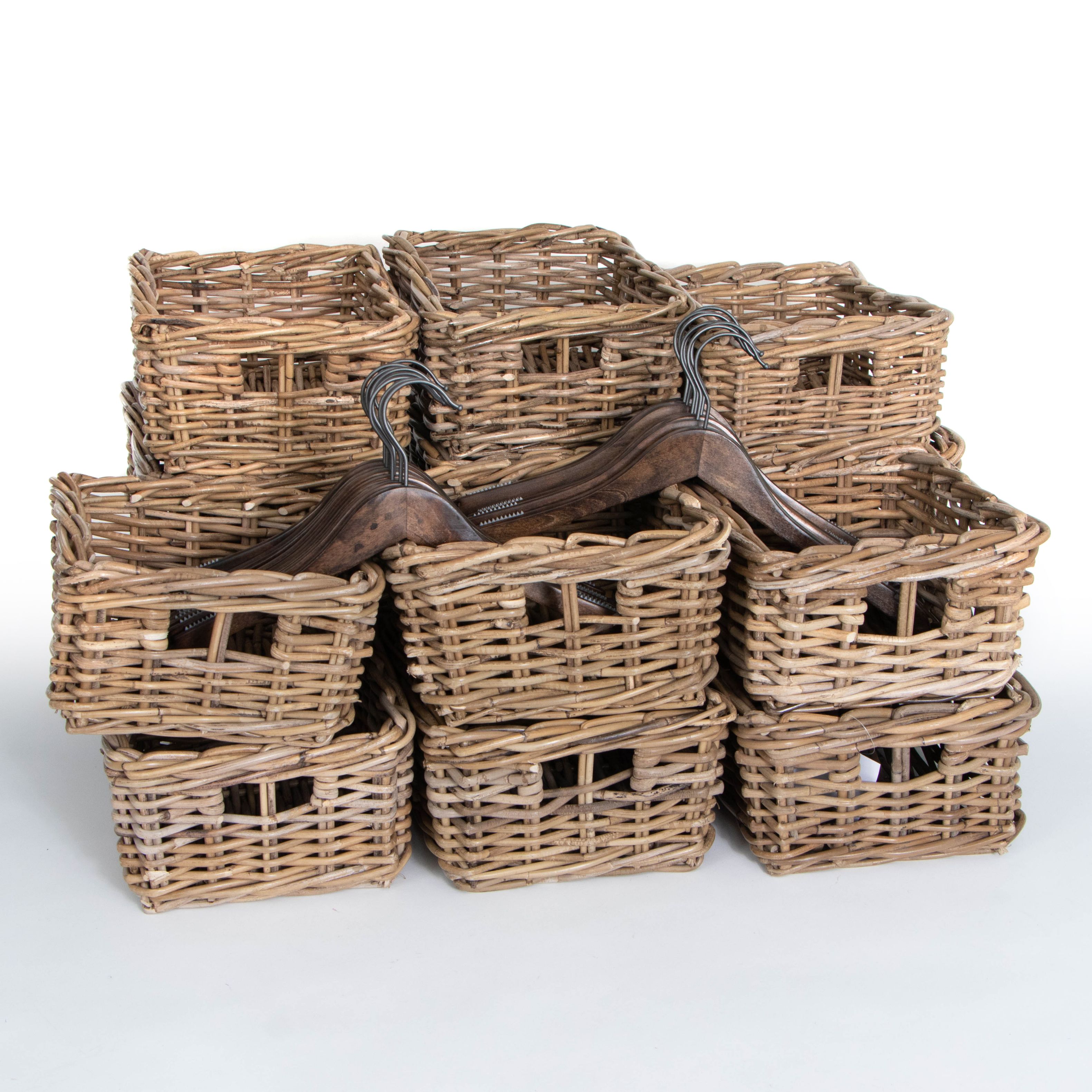 Wicker Weave Storage Baskets and Walnut-Stained Grip Shirt Hangers