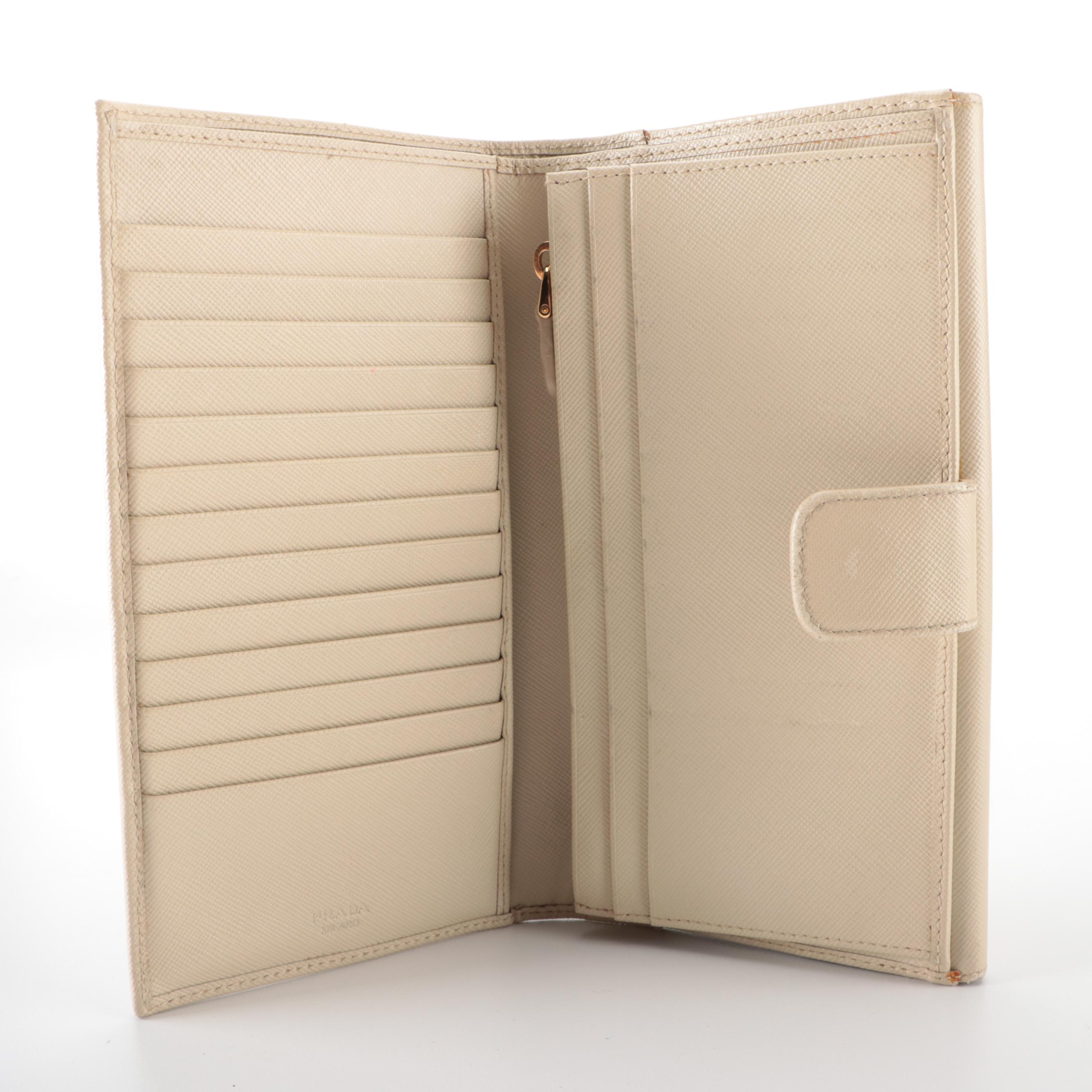 Prada French Flap Long Wallet in Beige Saffiano Leather