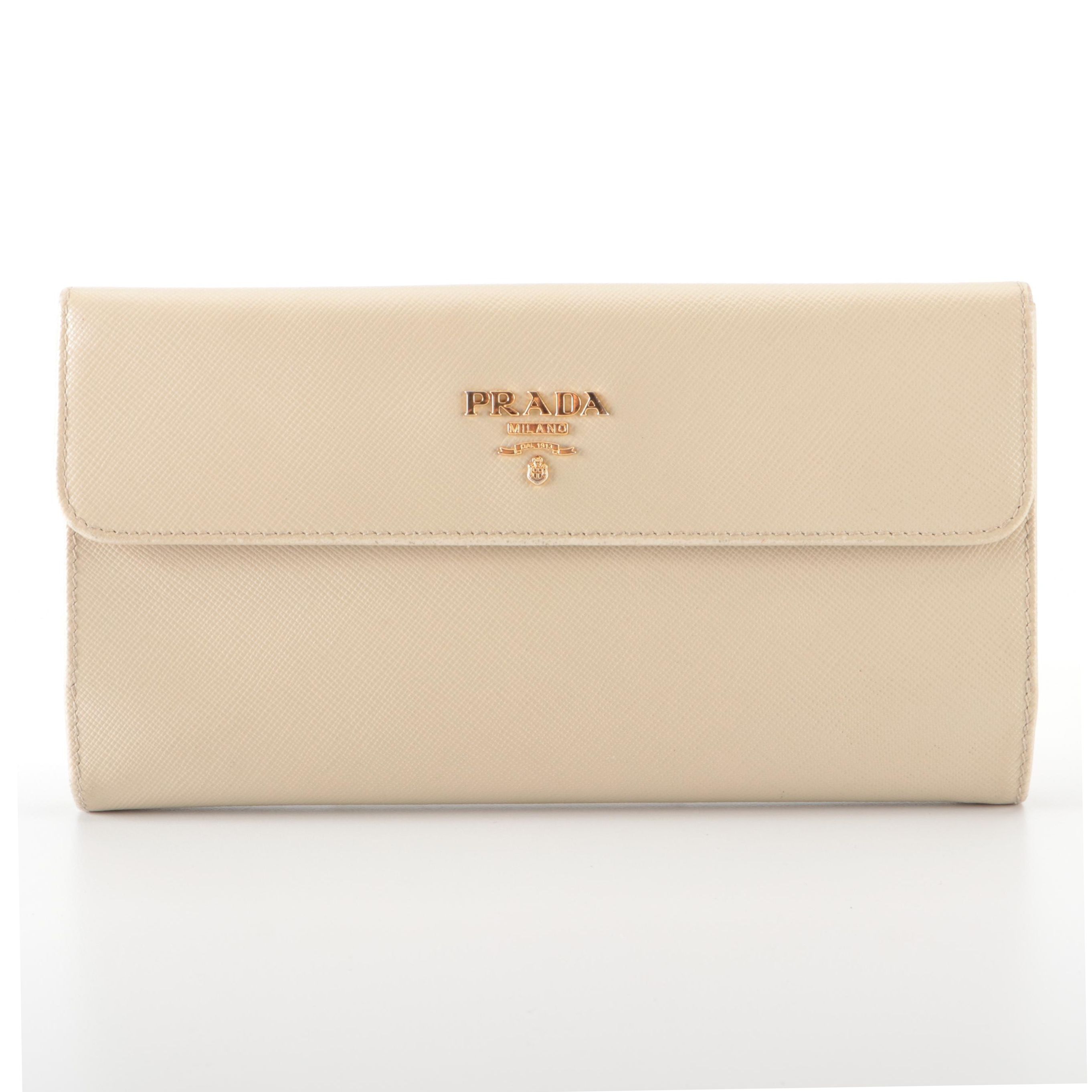 Prada French Flap Long Wallet in Beige Saffiano Leather