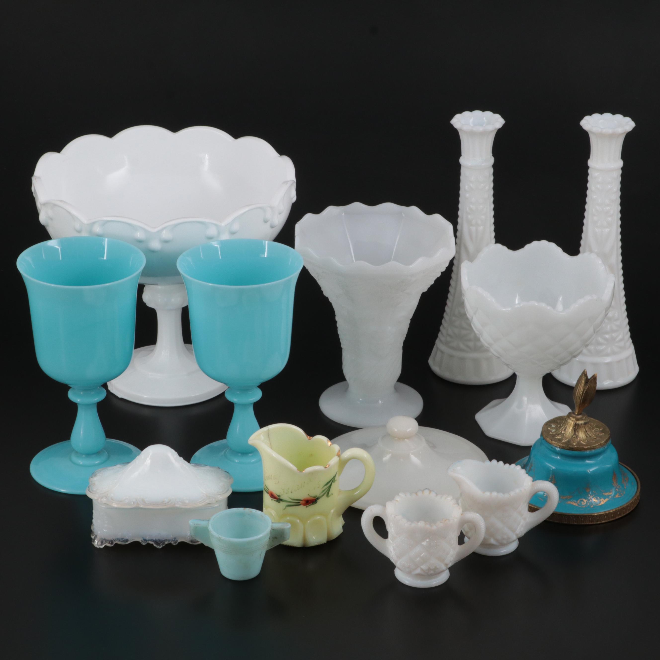 Napco Milk Glass Bonbon Dish with Other Milk, Opaline, and Custard Glass Décor